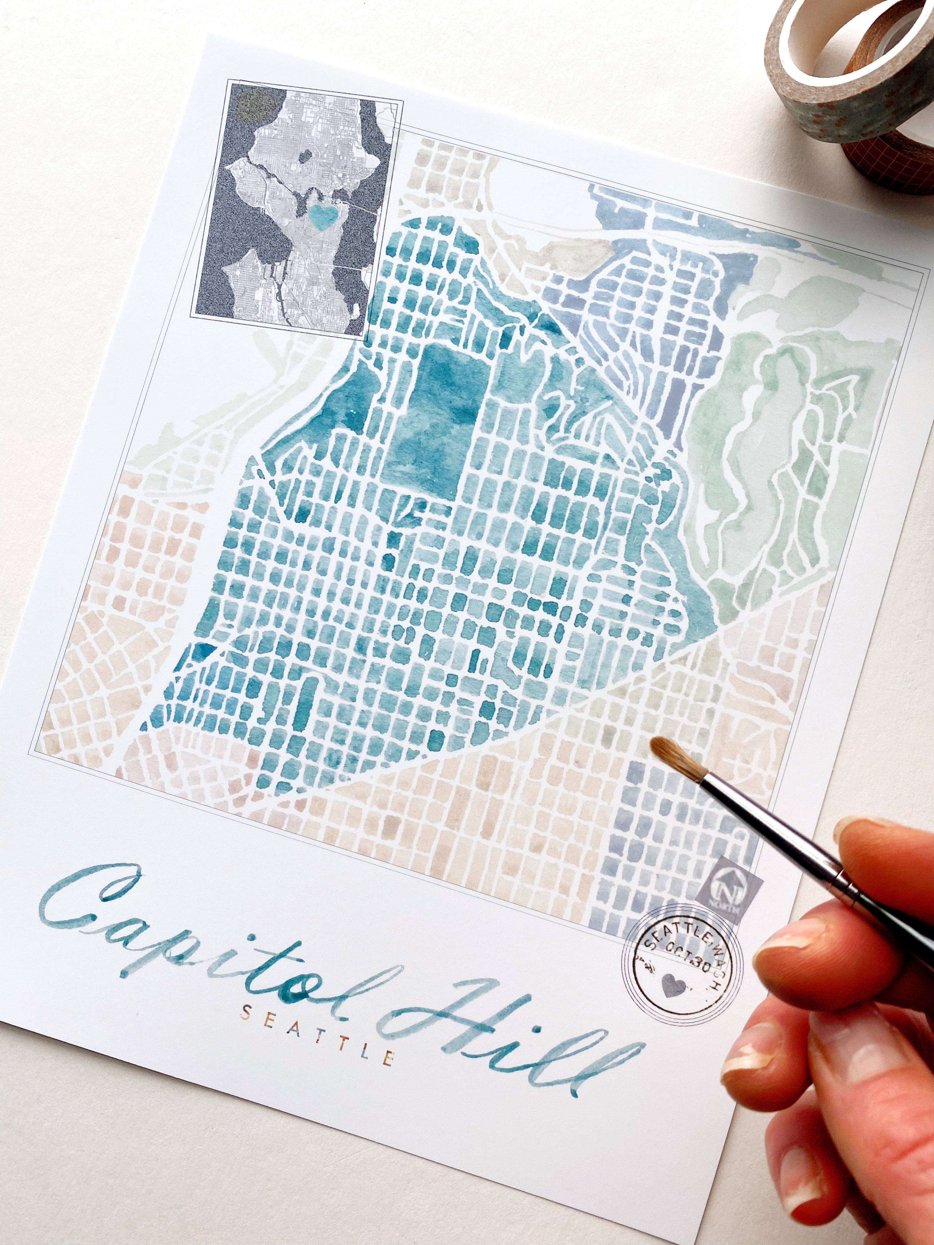 Capitol Hill SEATTLE Neighborhood Watercolor Map: PRINT