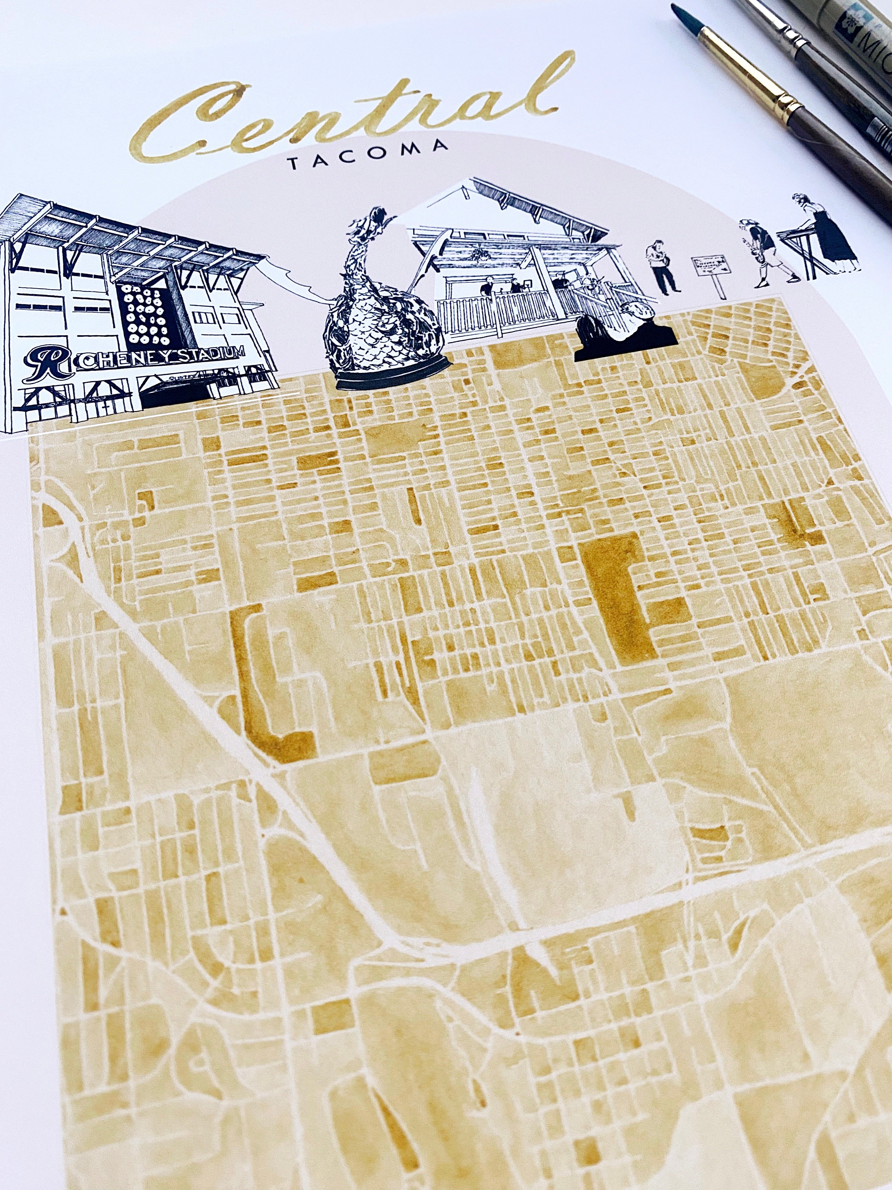 new CENTRAL TACOMA Neighborhood "Charms" Watercolor Map: PRINT