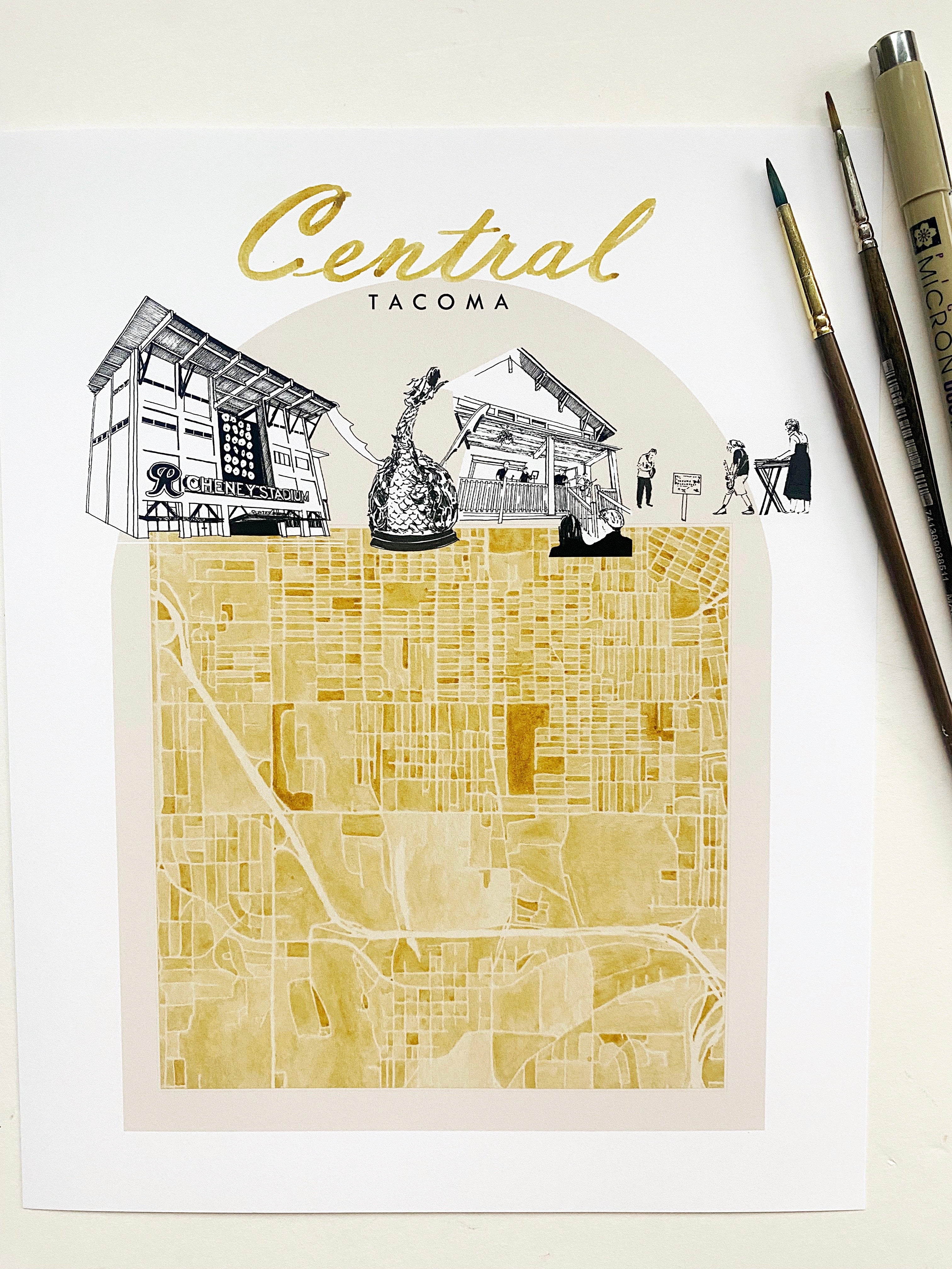 new CENTRAL TACOMA Neighborhood "Charms" Watercolor Map: PRINT