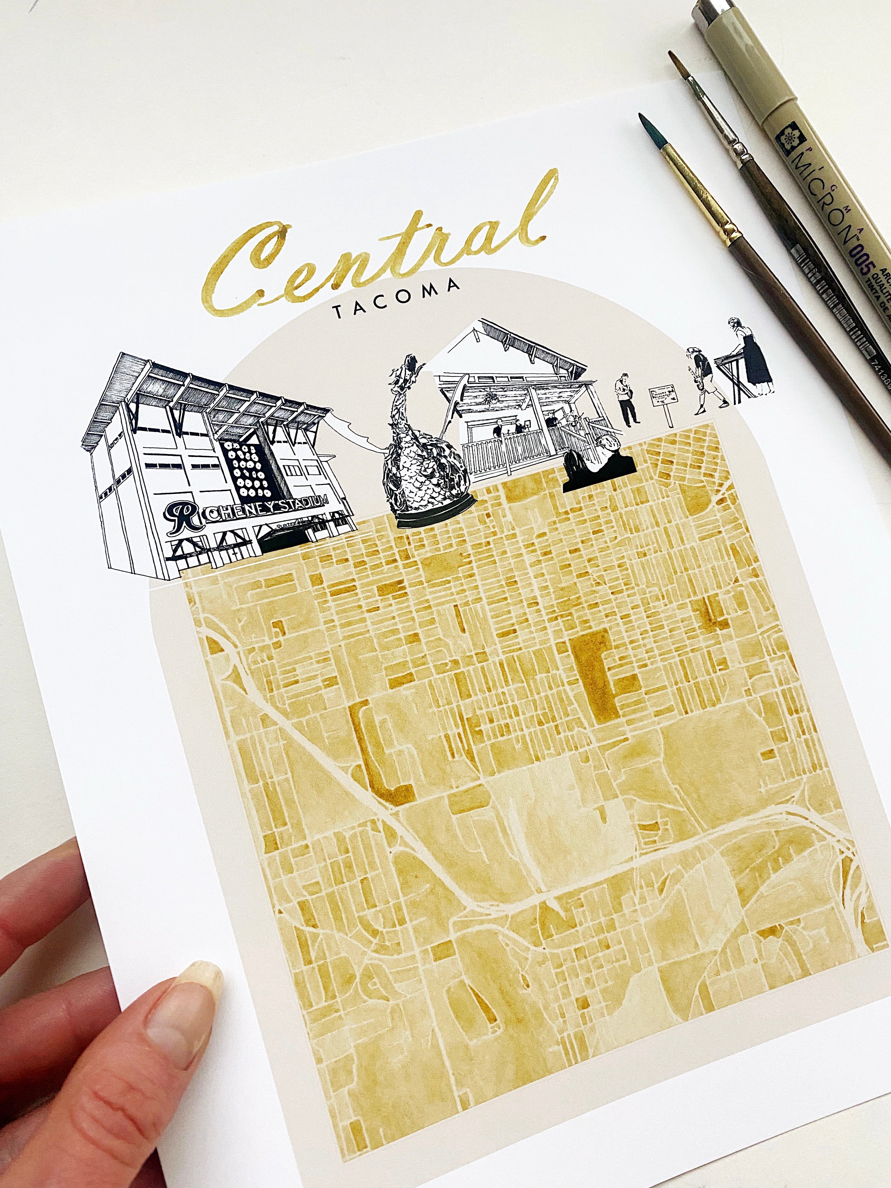 new CENTRAL TACOMA Neighborhood "Charms" Watercolor Map: PRINT