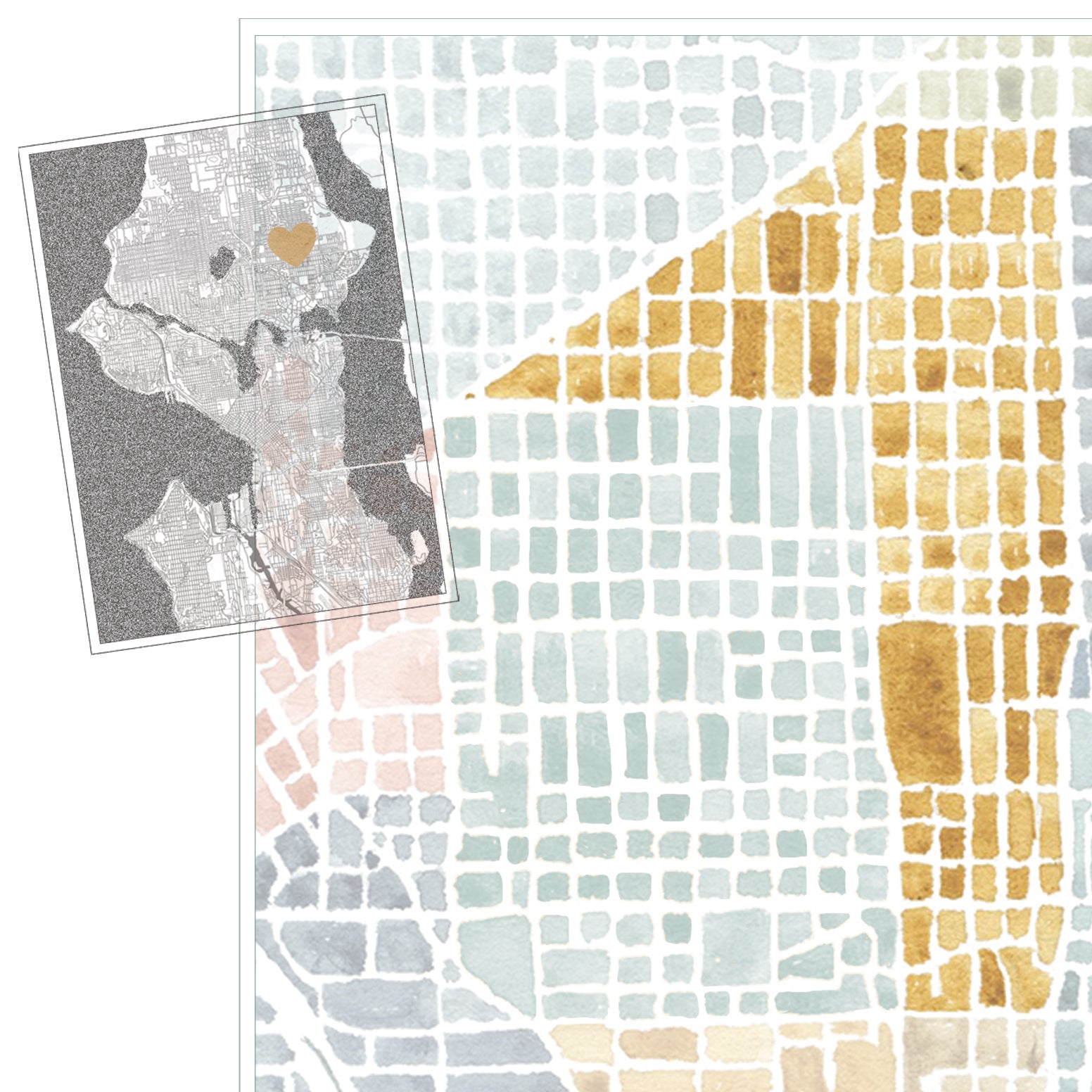 Central SEATTLE Neighborhood Watercolor Map: PRINT