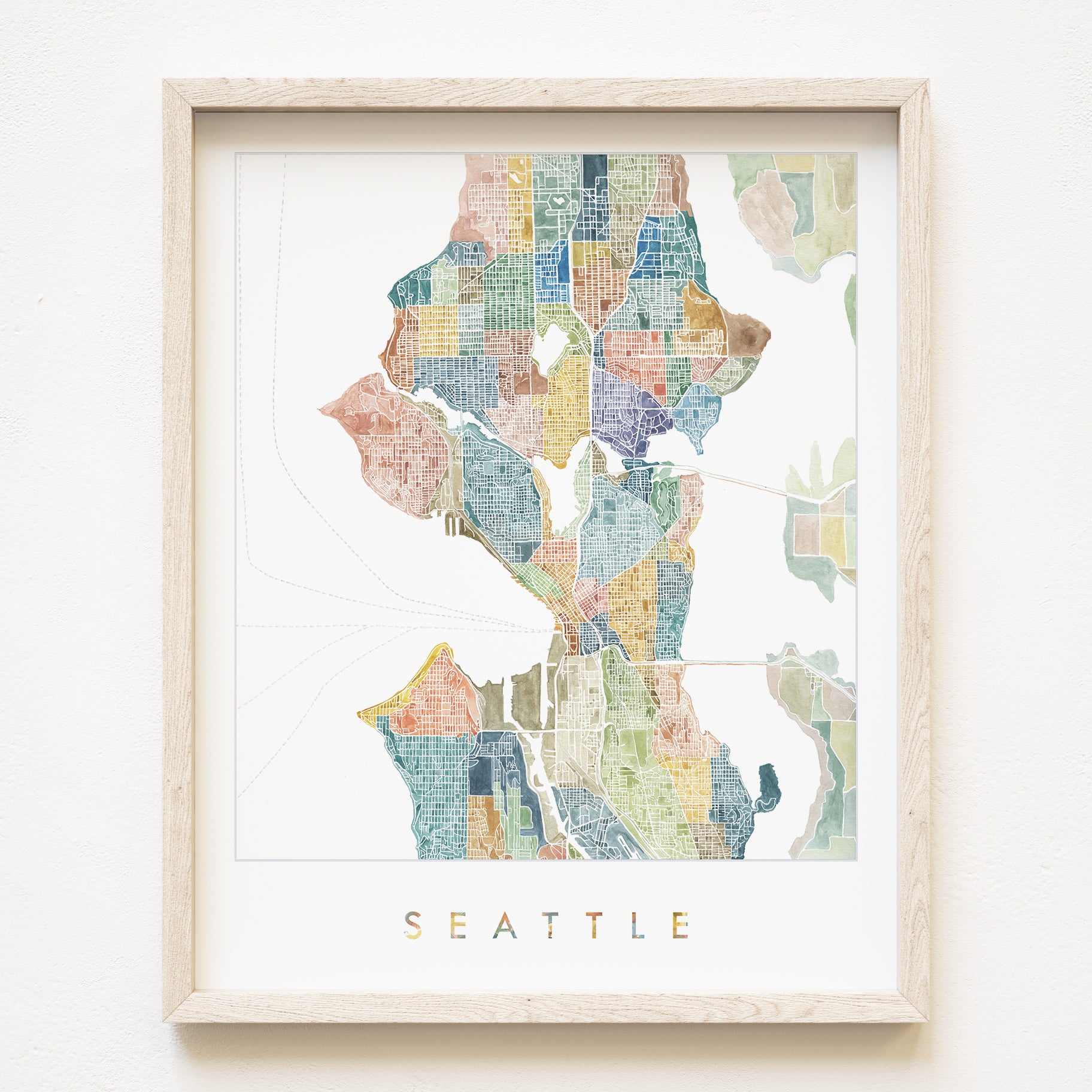 SEATTLE Neighborhoods Watercolor City Blocks Map: PRINT