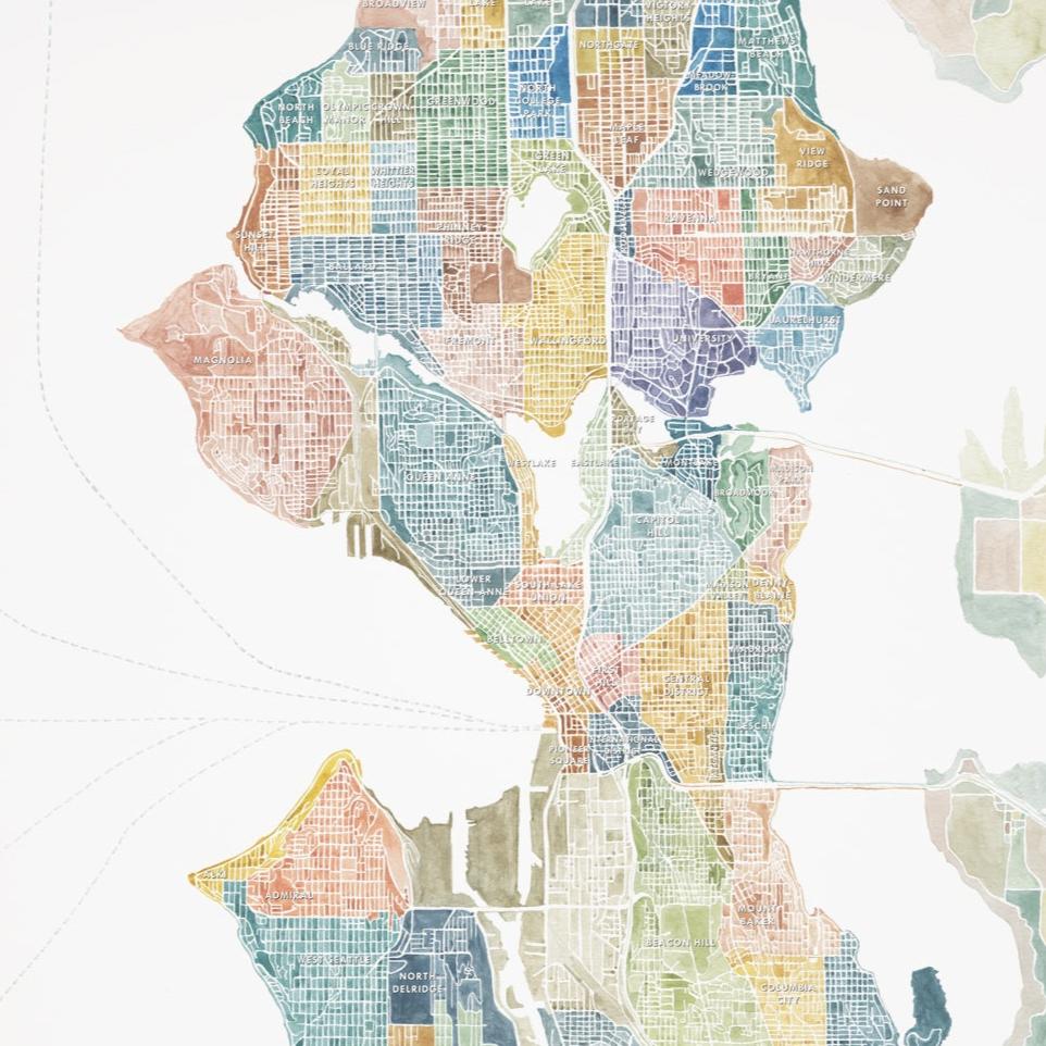 SEATTLE Neighborhoods Watercolor City Blocks Map: PRINT