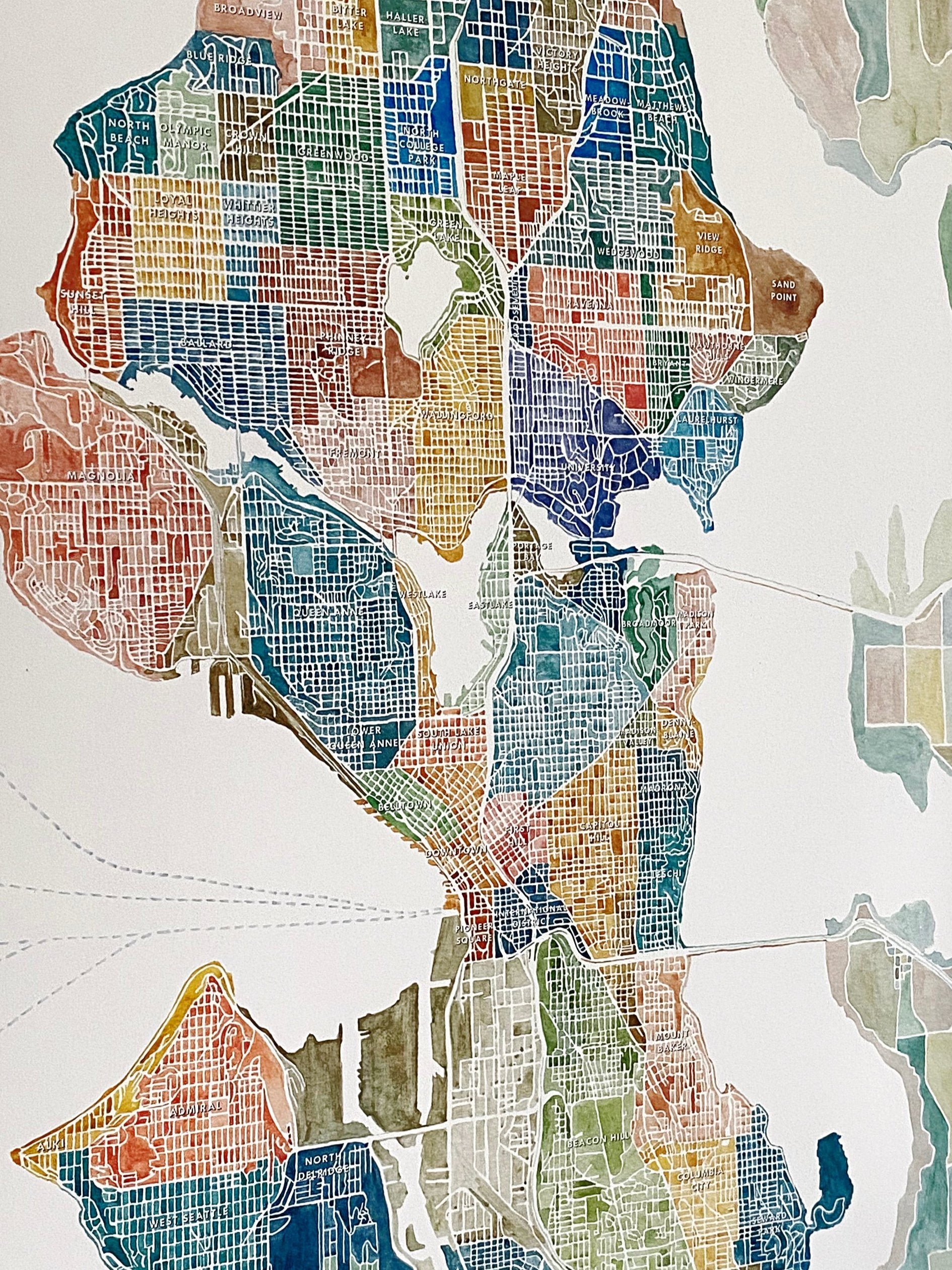 SEATTLE Neighborhoods Watercolor City Blocks Map: PRINT