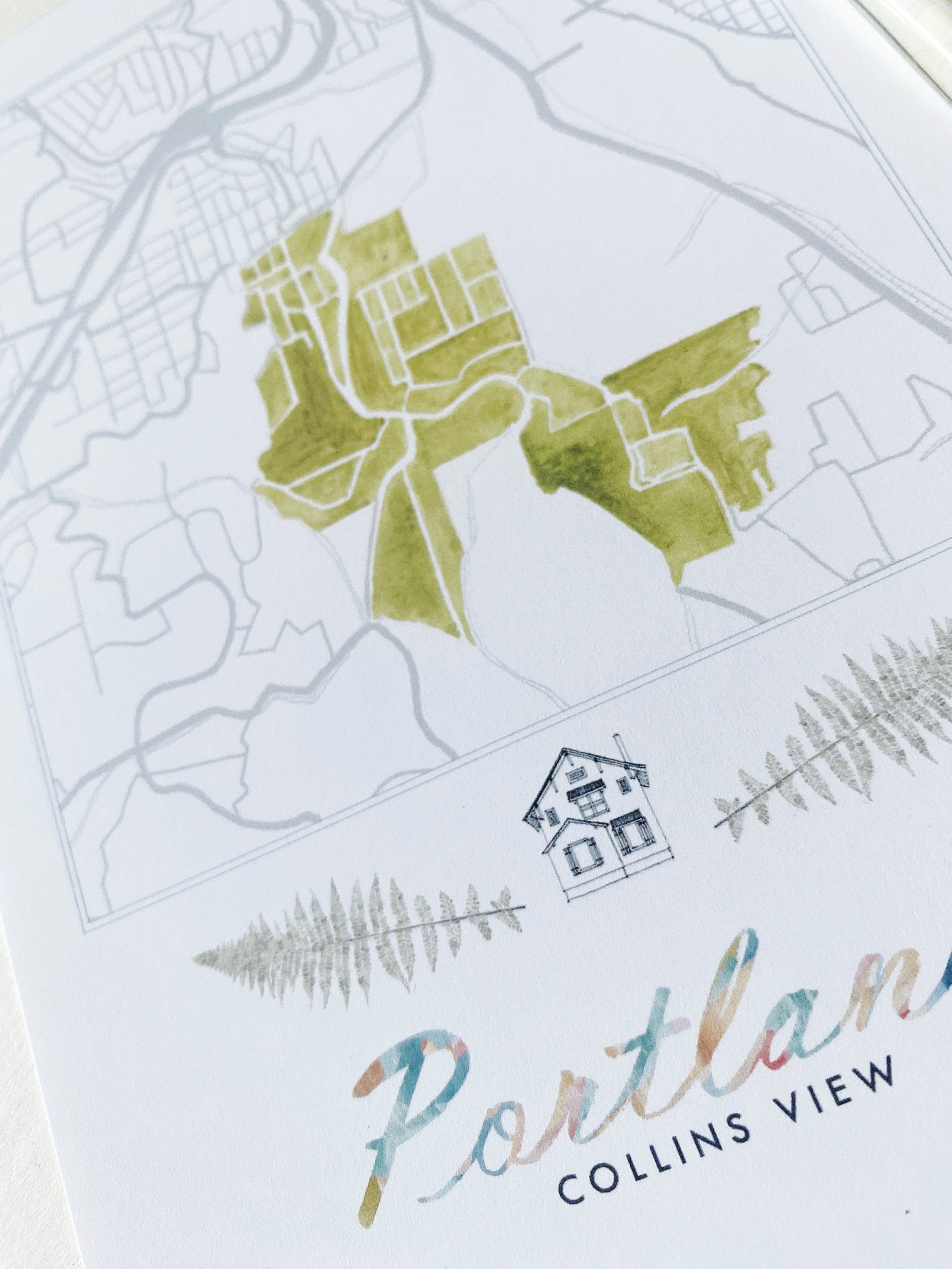 Collins View PORTLAND Neighborhood Watercolor Map: PRINT