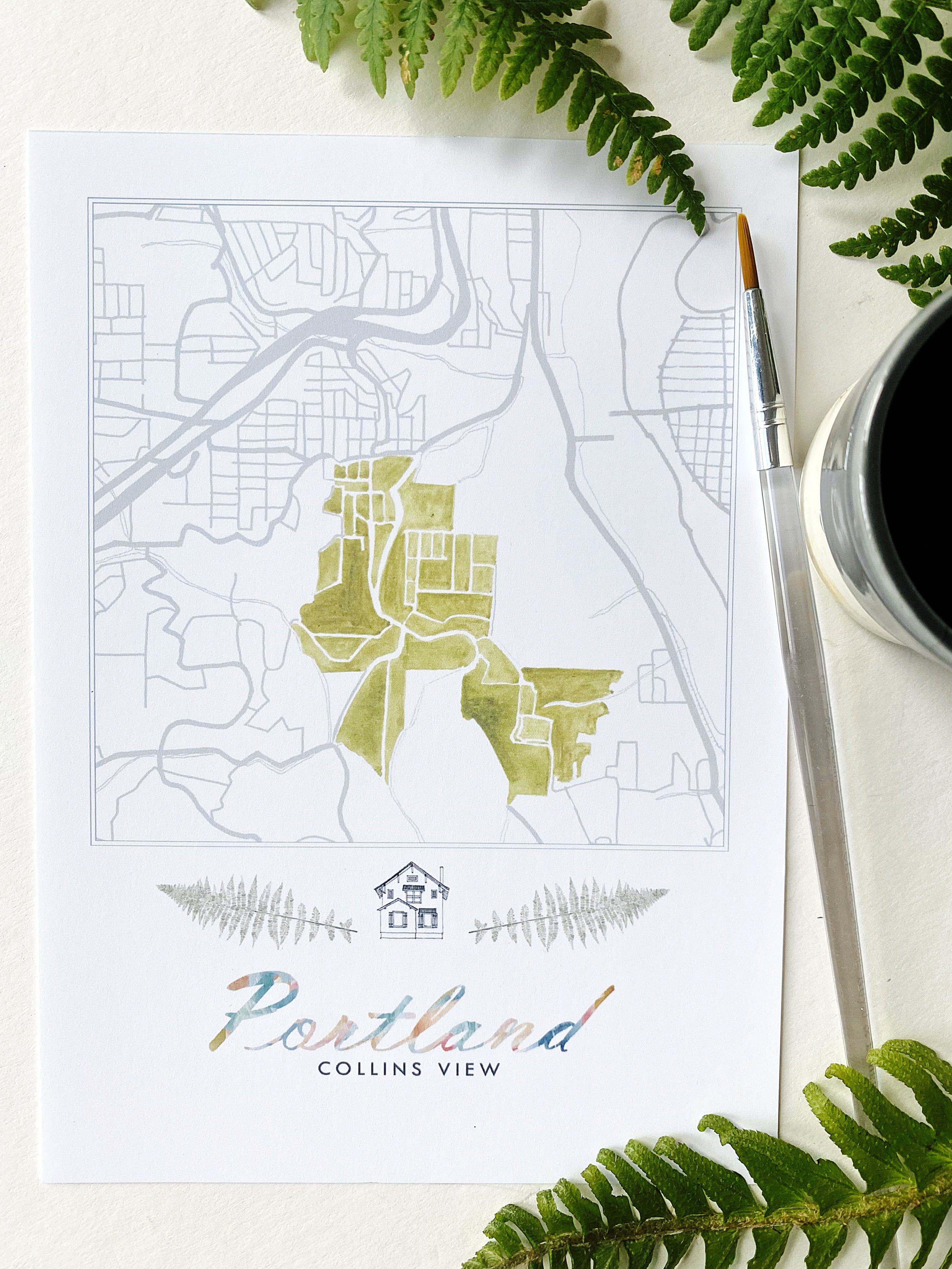 Collins View PORTLAND Neighborhood Watercolor Map: PRINT
