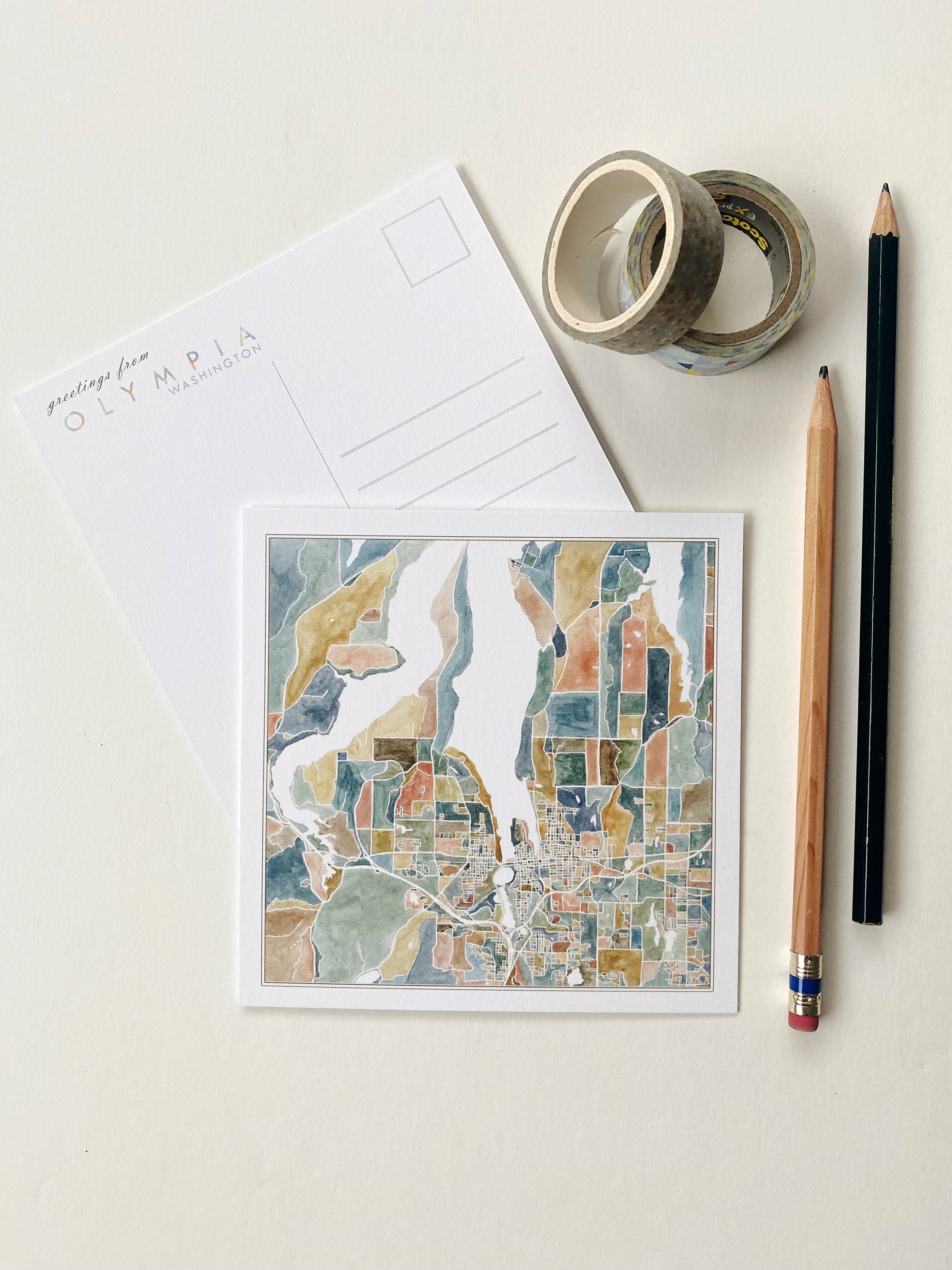 ColorFULL OLYMPIA Washington Watercolor Map: Square Postcard