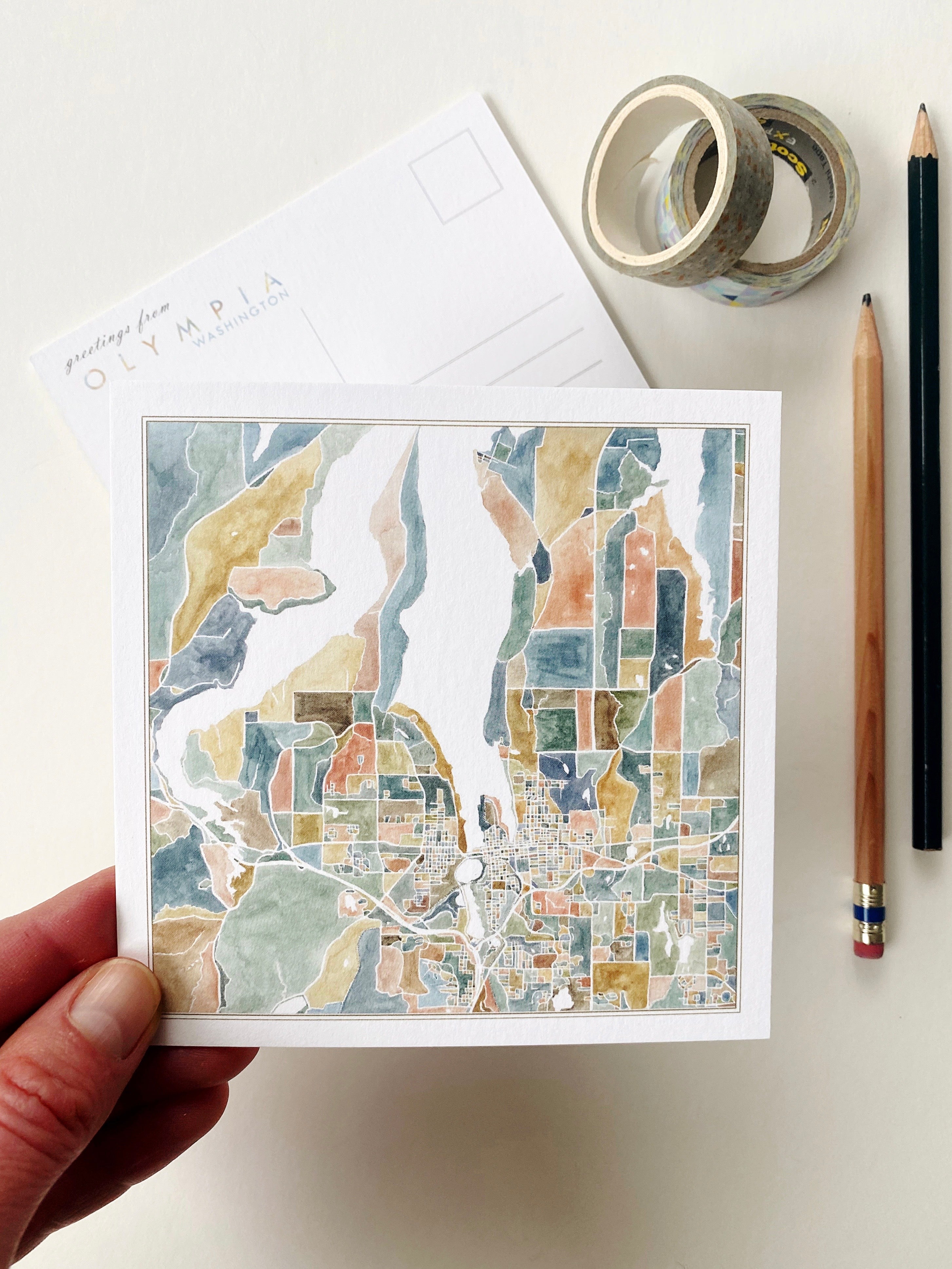 ColorFULL OLYMPIA Washington Watercolor Map: Square Postcard
