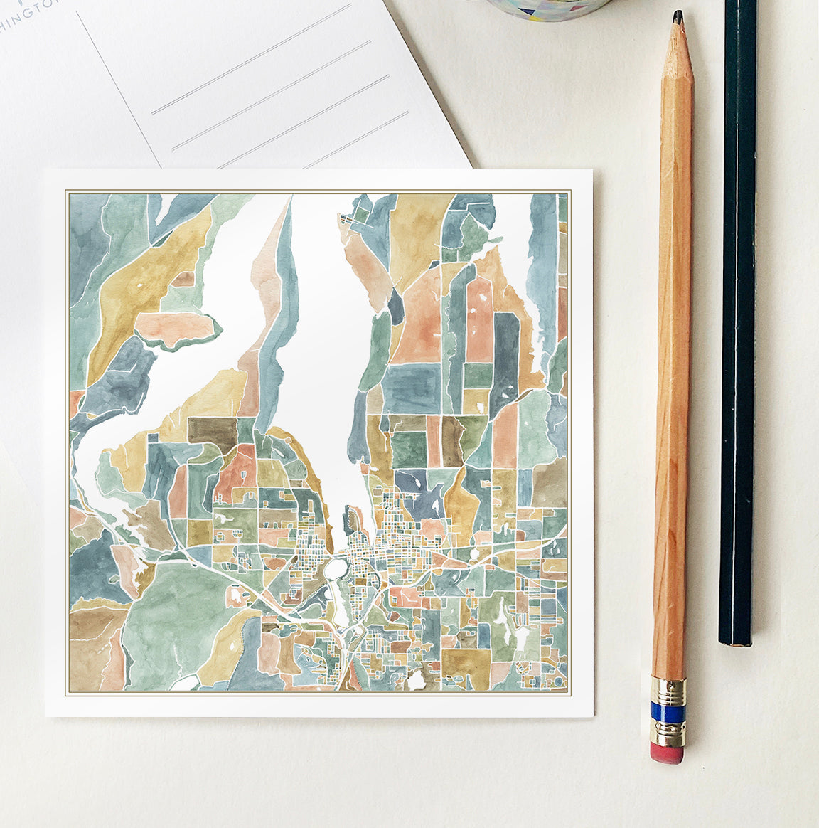 ColorFULL OLYMPIA Washington Watercolor Map: Square Postcard