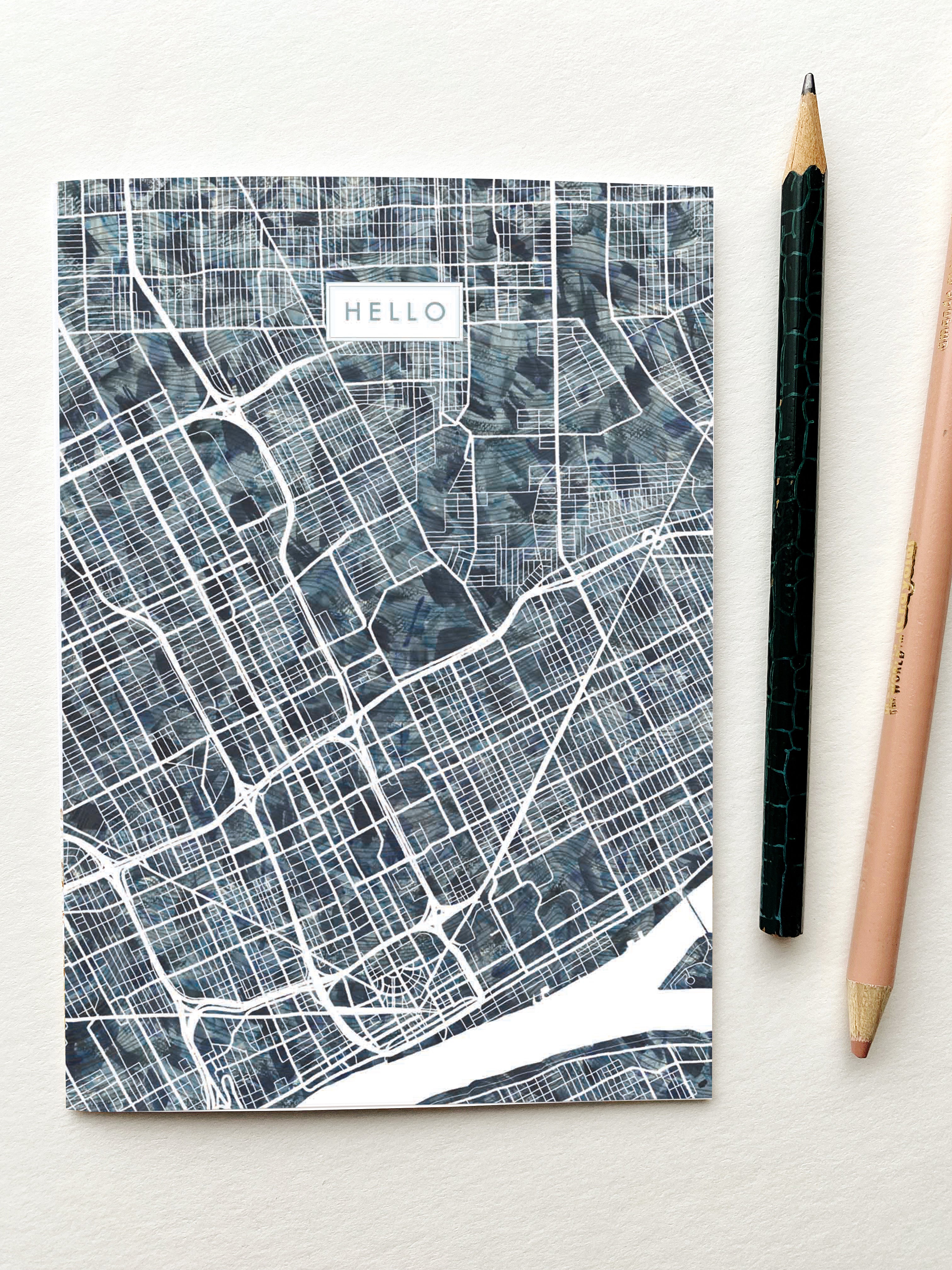 DETROIT Michigan Watercolor Map - HELLO greeting card