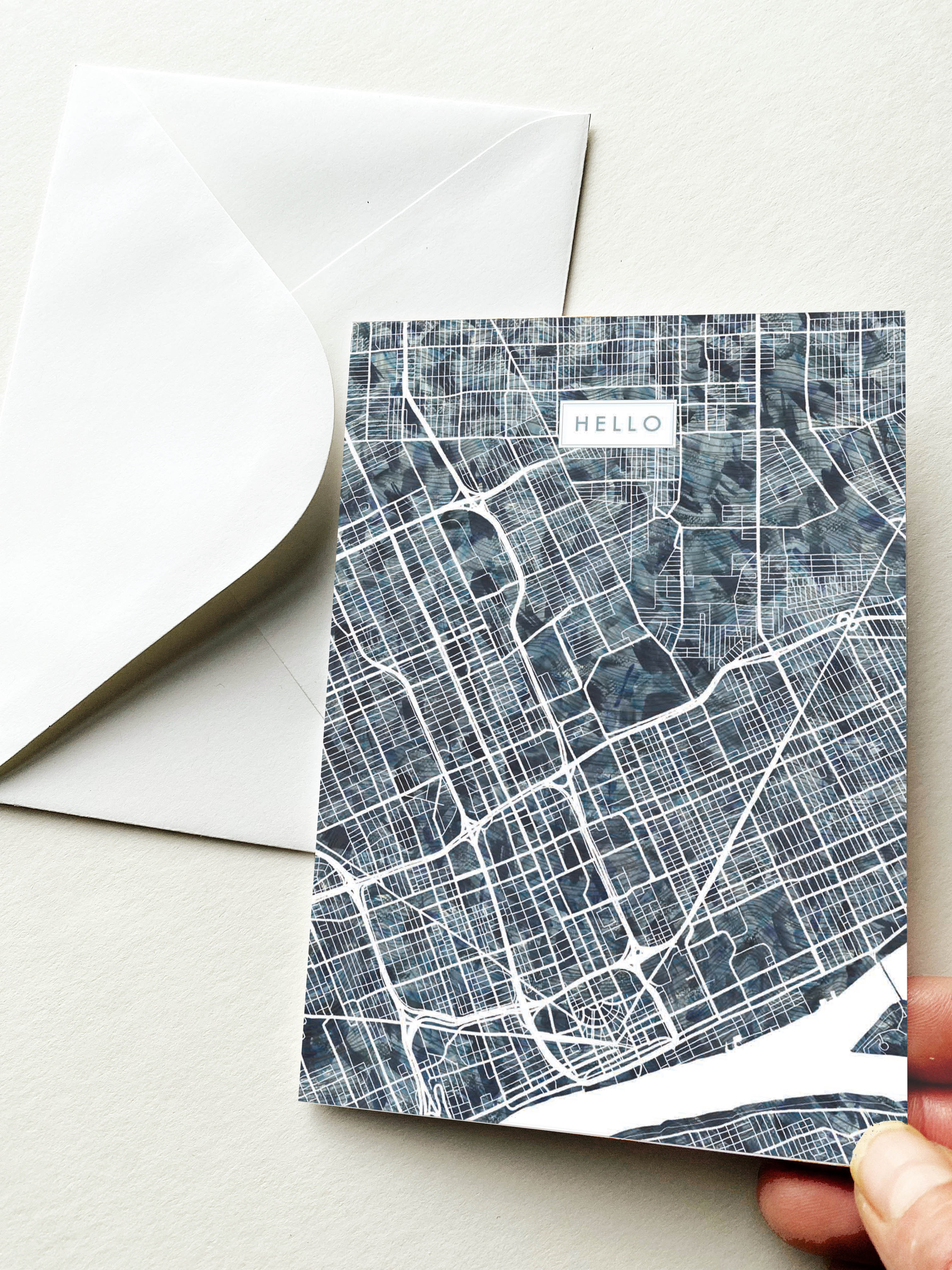 DETROIT Michigan Watercolor Map - HELLO greeting card