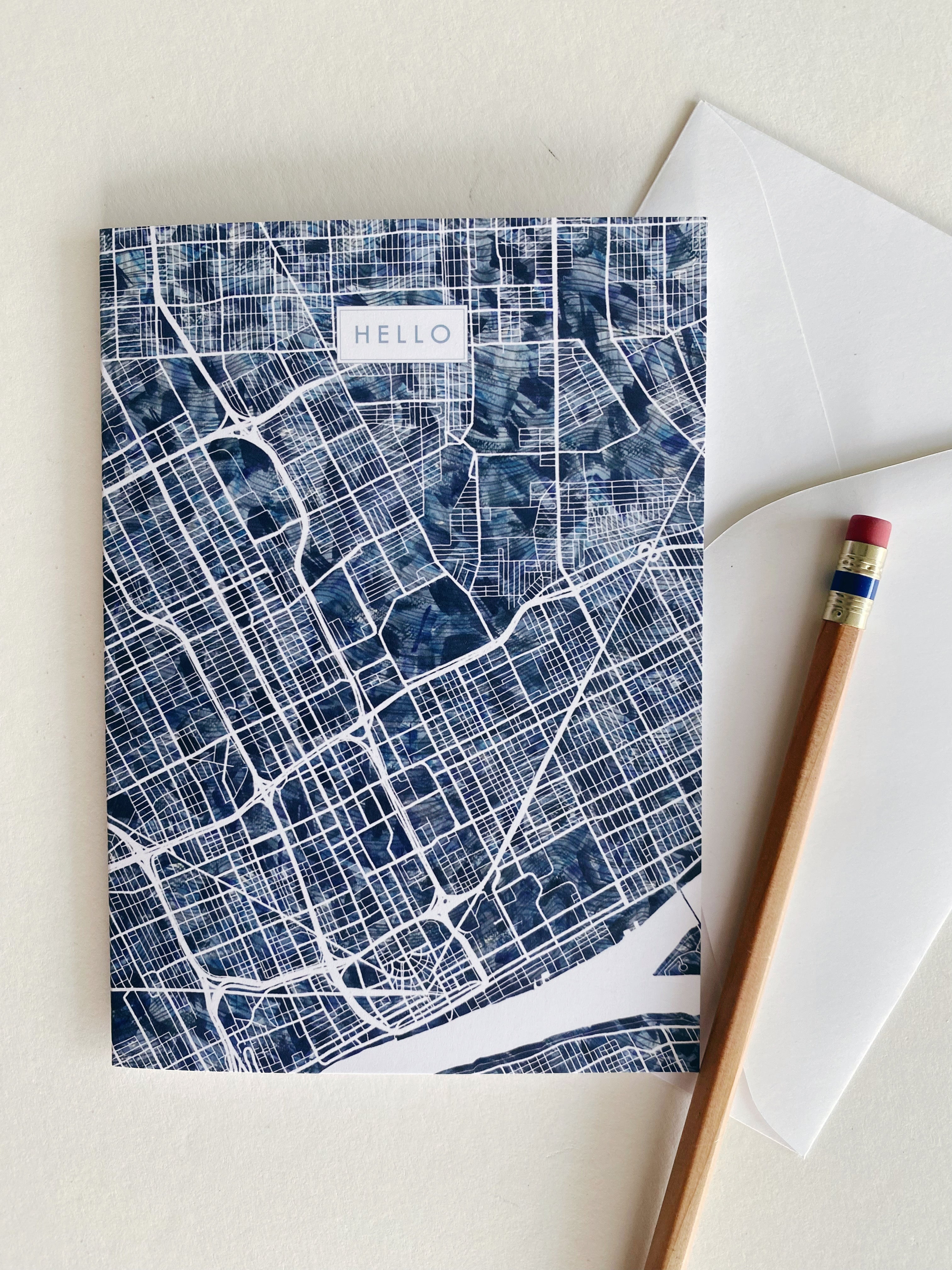 DETROIT Michigan Watercolor Map - HELLO greeting card