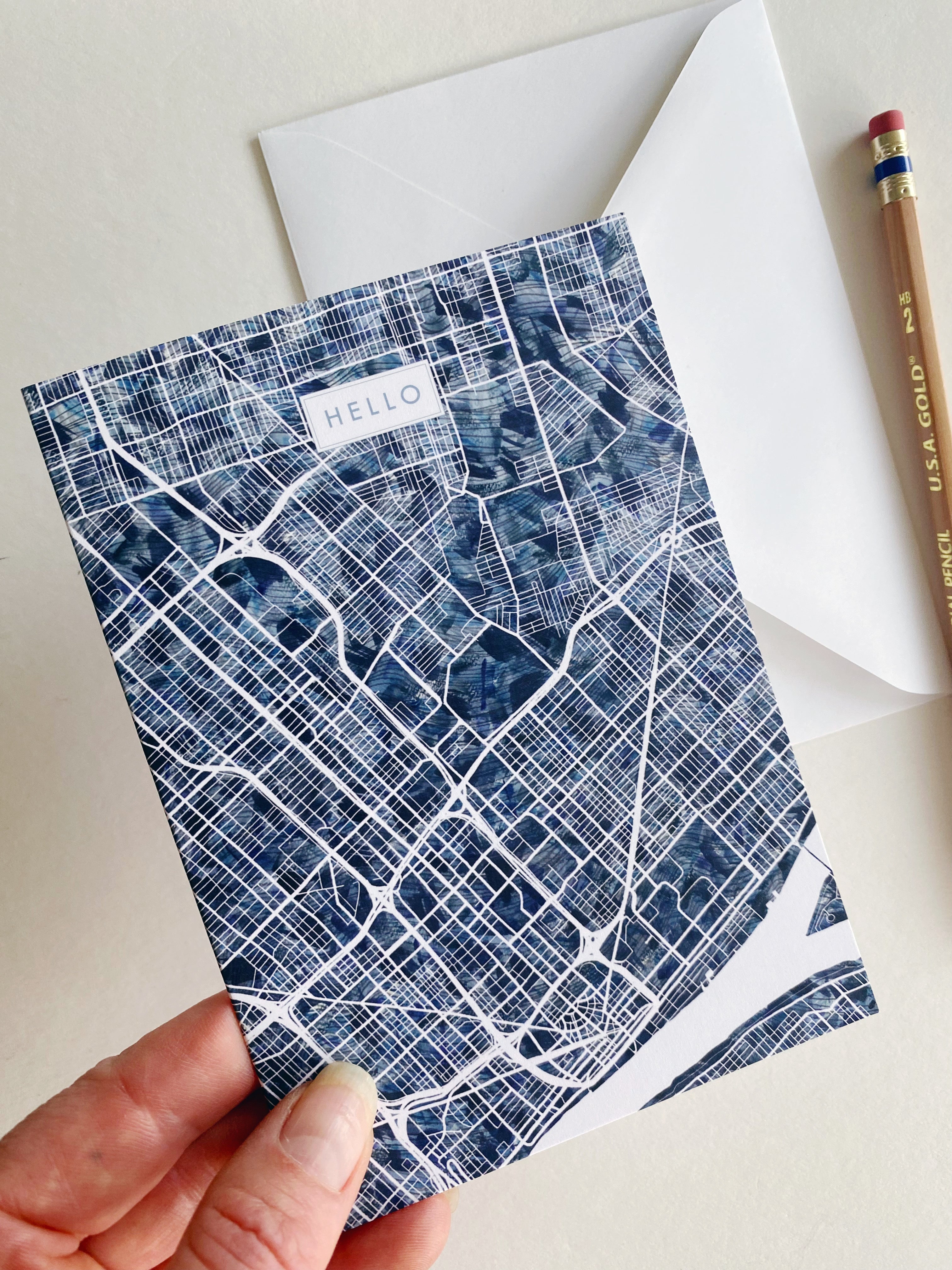 DETROIT Michigan Watercolor Map - HELLO greeting card
