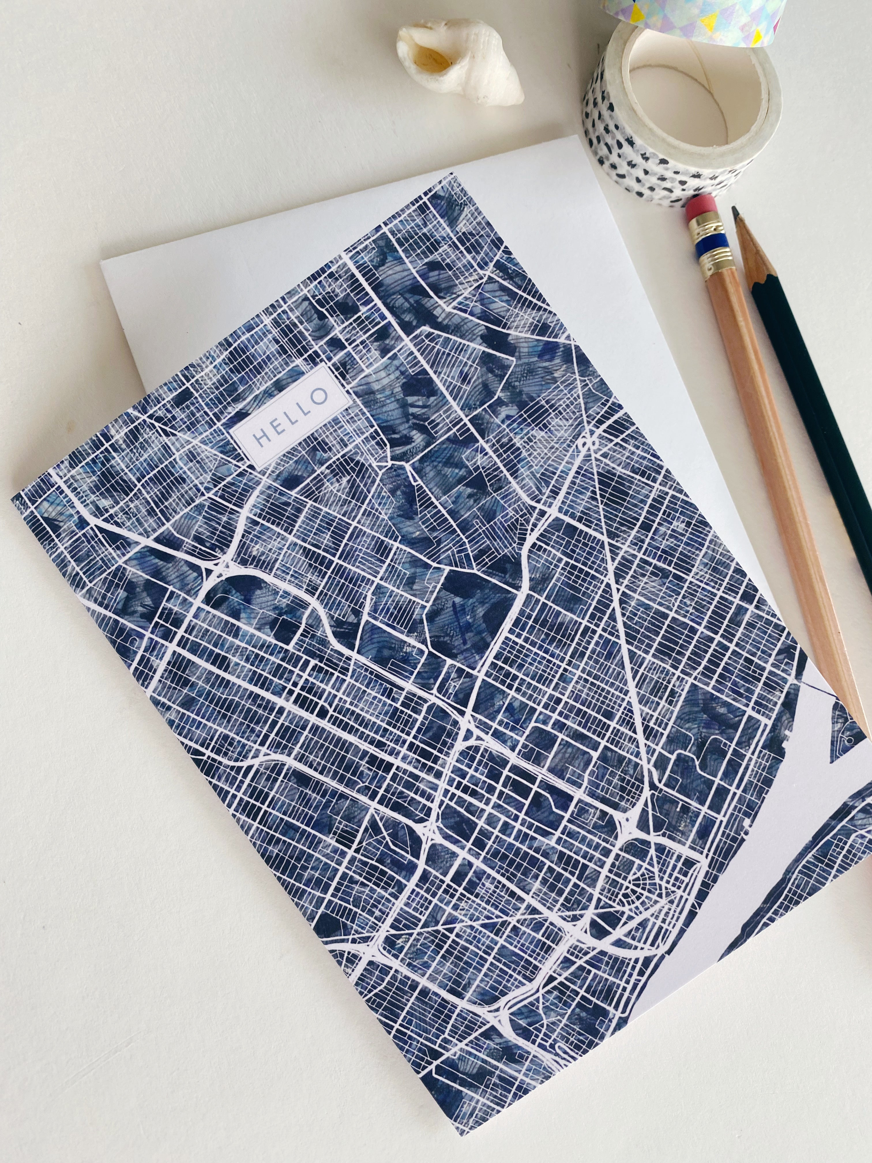 DETROIT Michigan Watercolor Map - HELLO greeting card