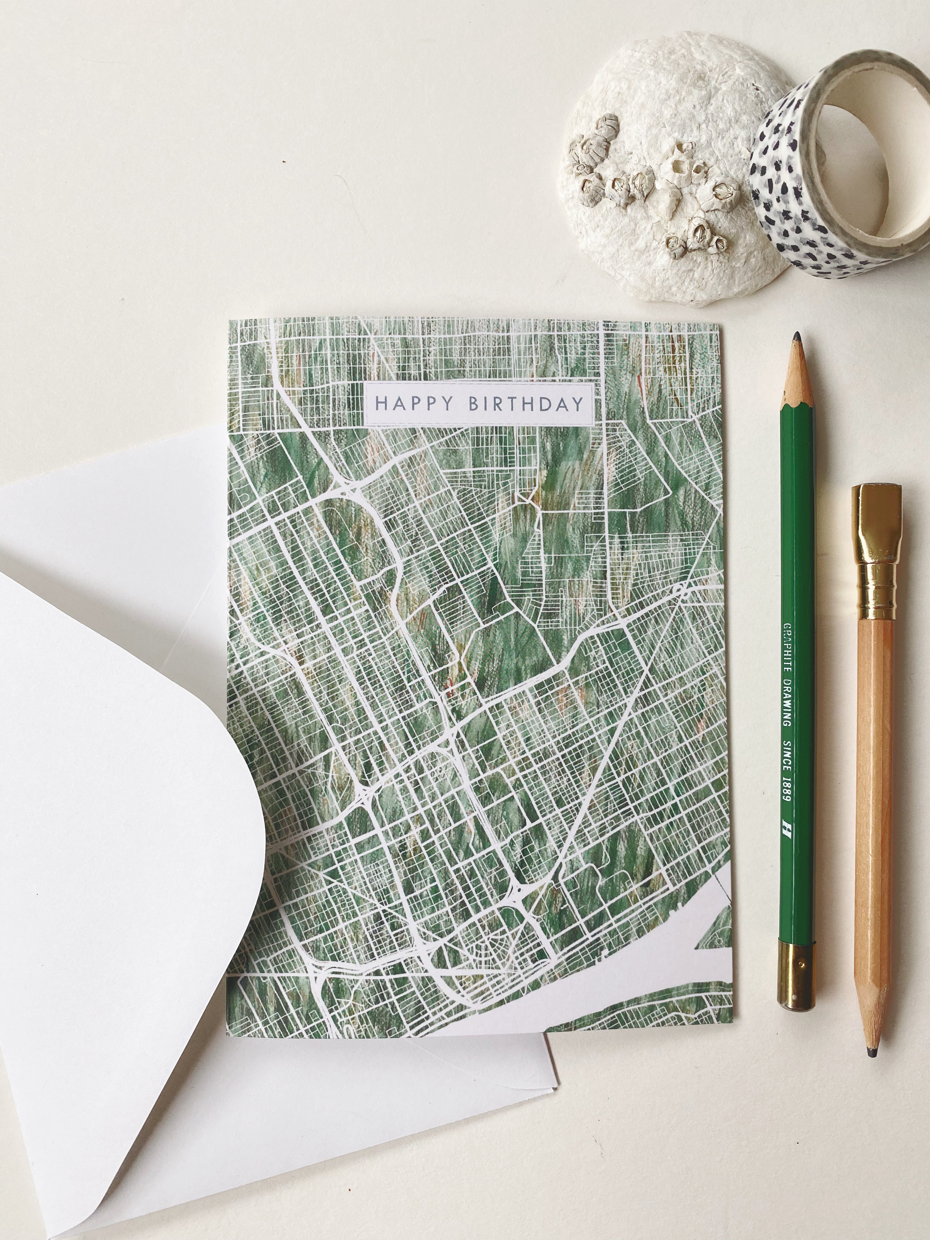 DETROIT Michigan Watercolor Map - HAPPY BIRTHDAY greeting card