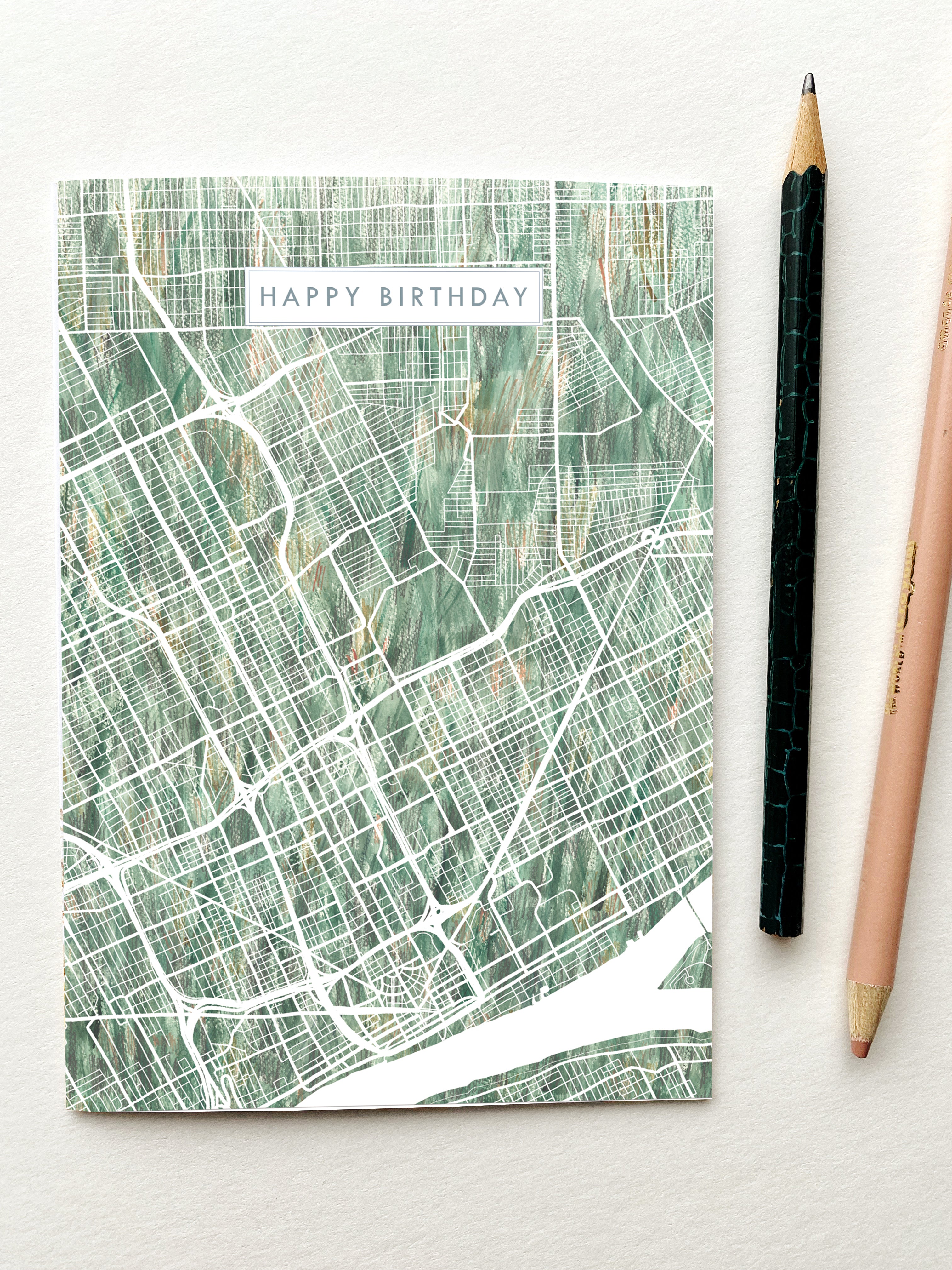 DETROIT Michigan Watercolor Map - BIRTHDAY greeting card