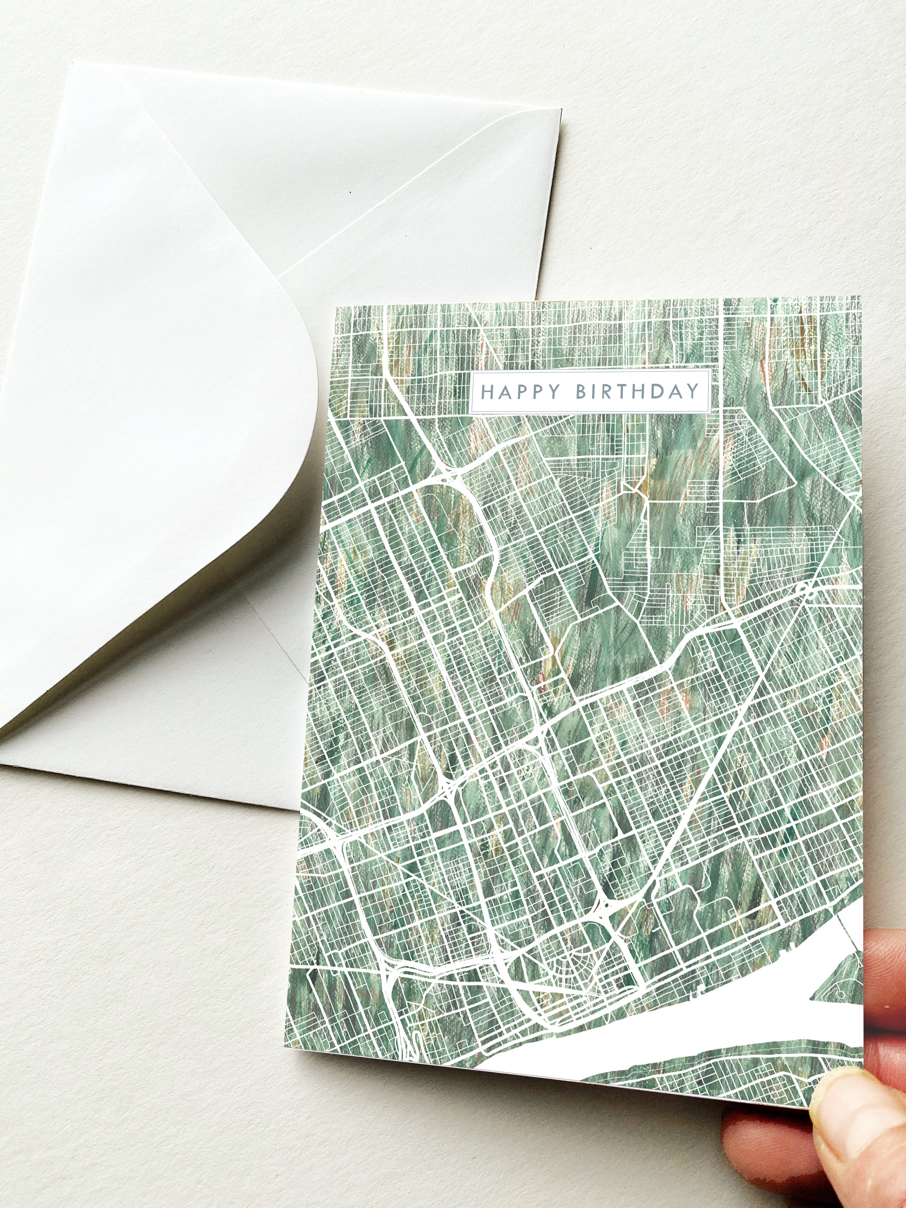 DETROIT Michigan Watercolor Map - BIRTHDAY greeting card
