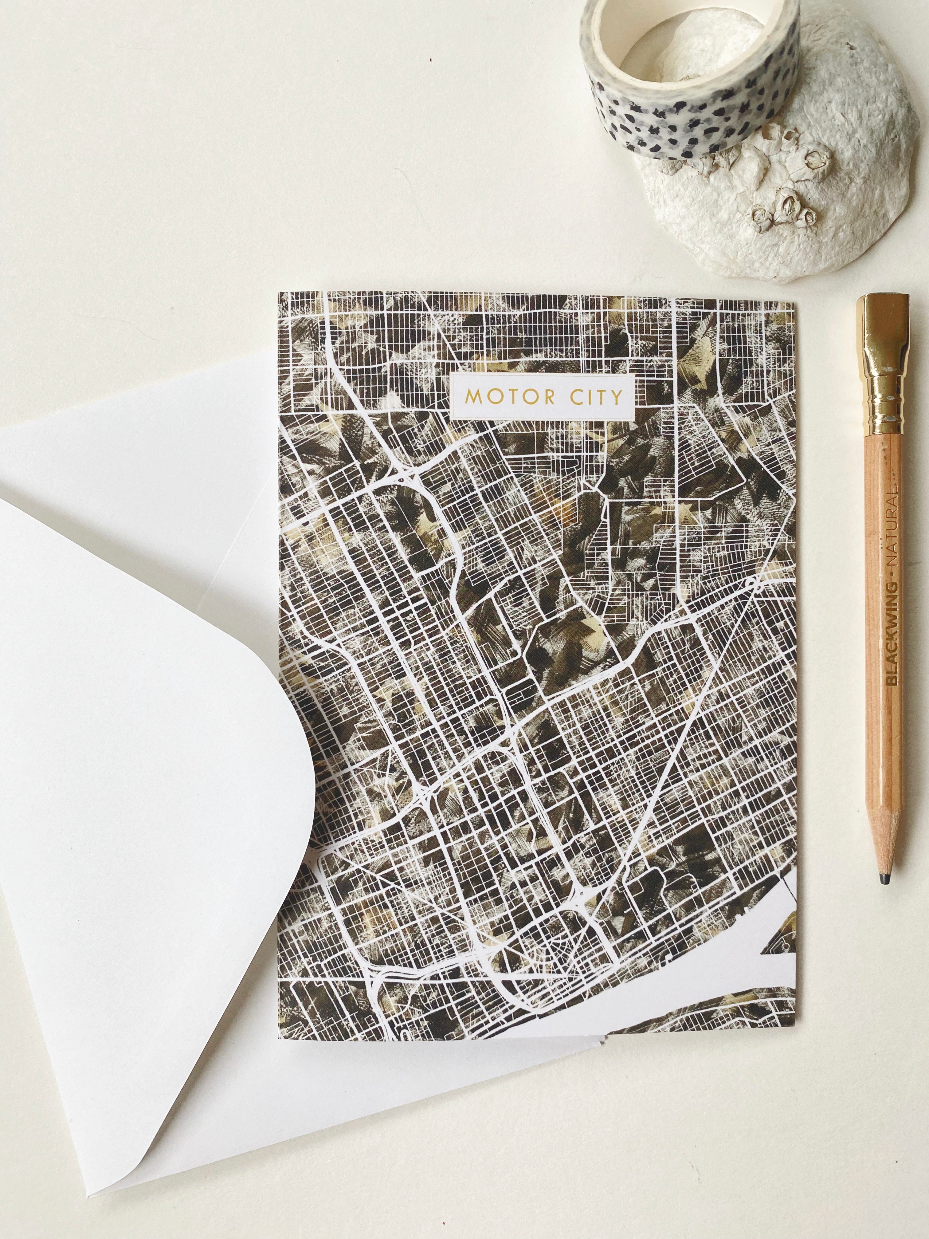 Motor City DETROIT Michigan Watercolor Map - City Nickname greeting card