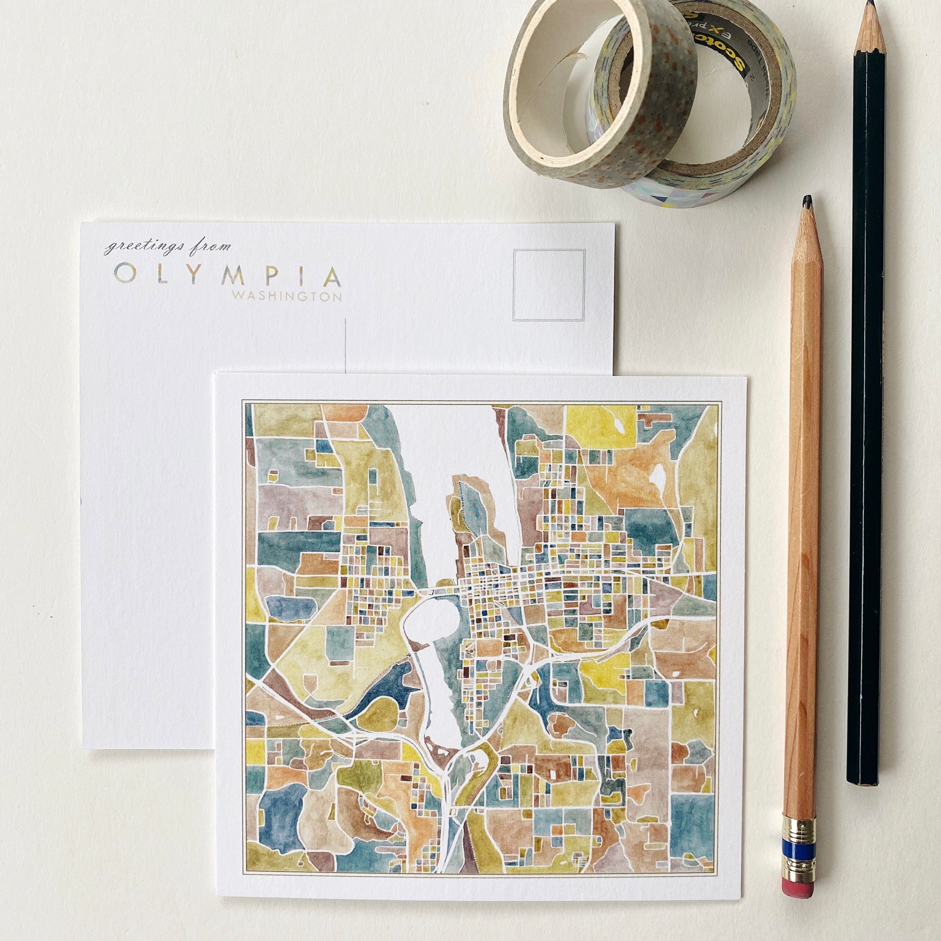 Downtown OLYMPIA Washington Watercolor Map Postcard
