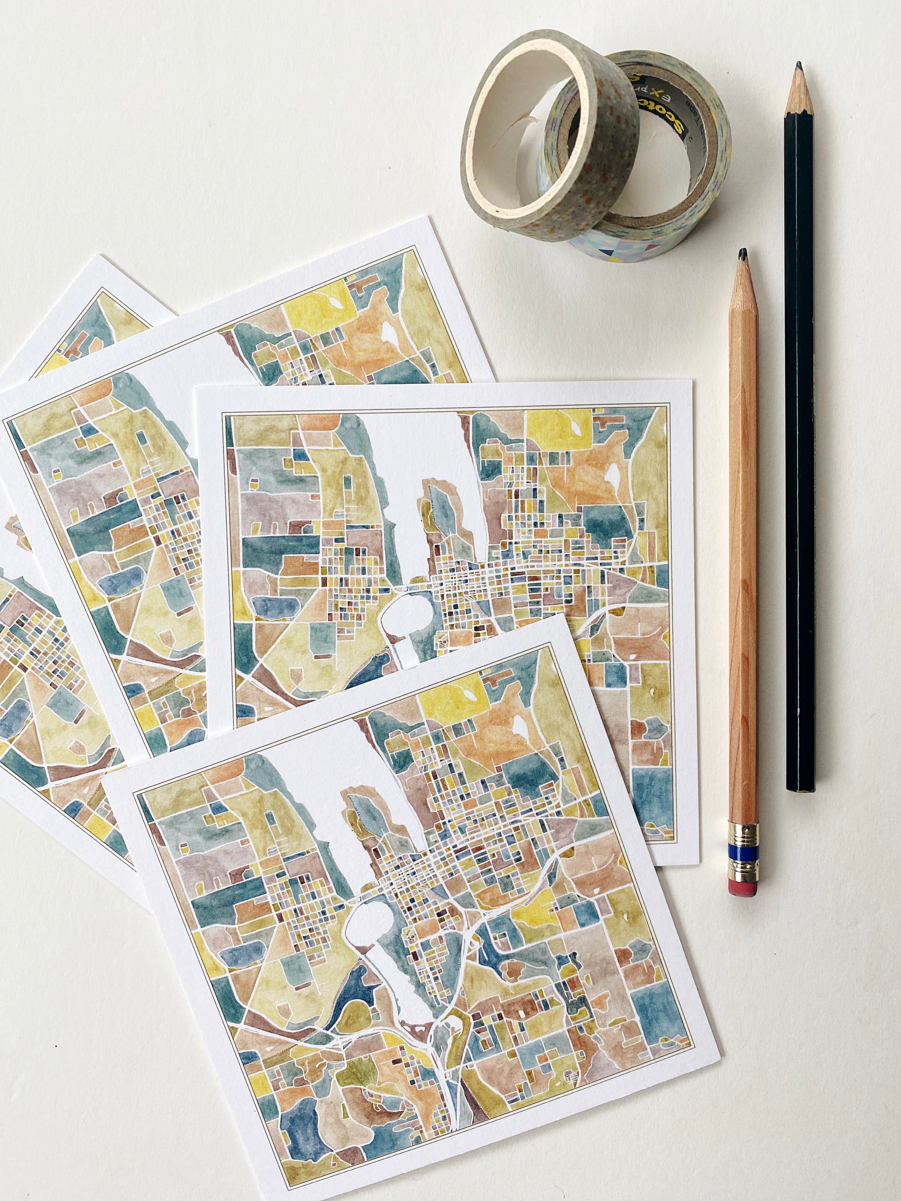 Downtown OLYMPIA Washington Watercolor Map Postcard