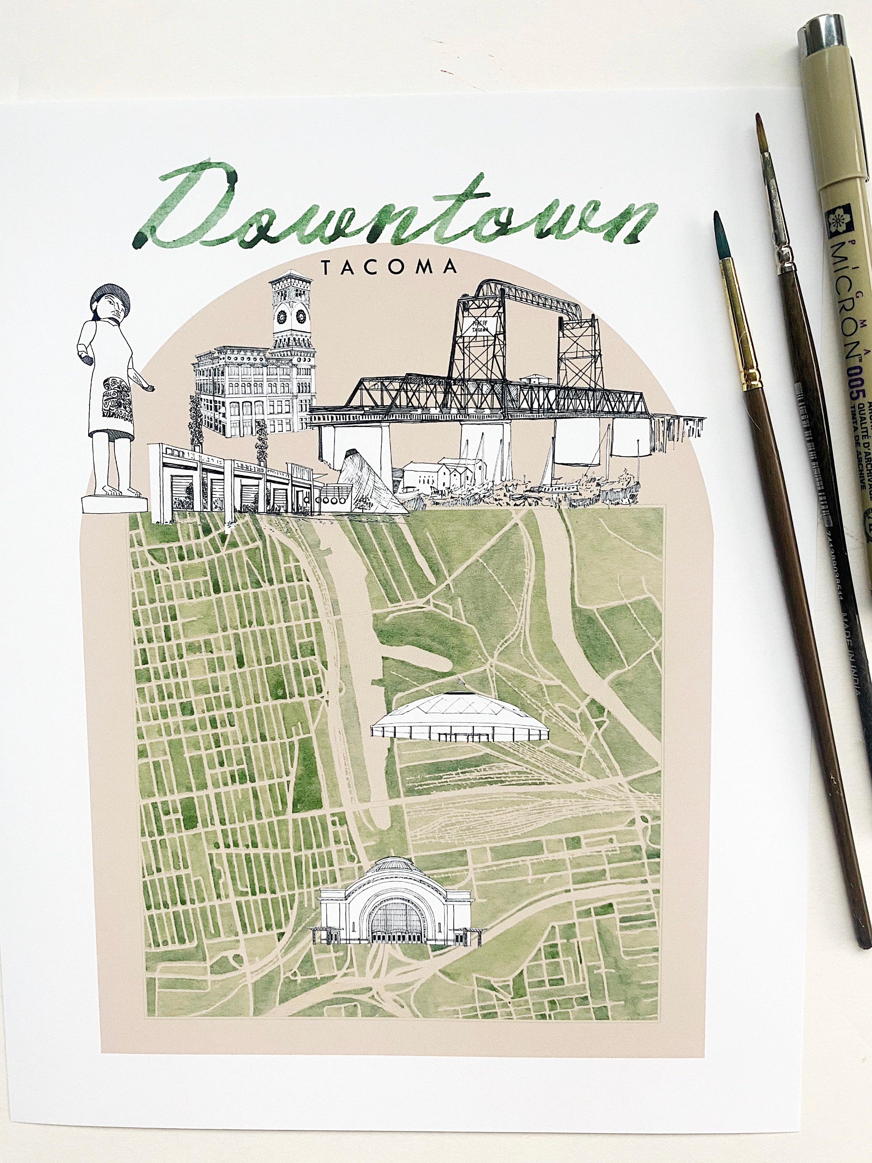 new DOWNTOWN TACOMA Neighborhood "Charms" Watercolor Map: PRINT
