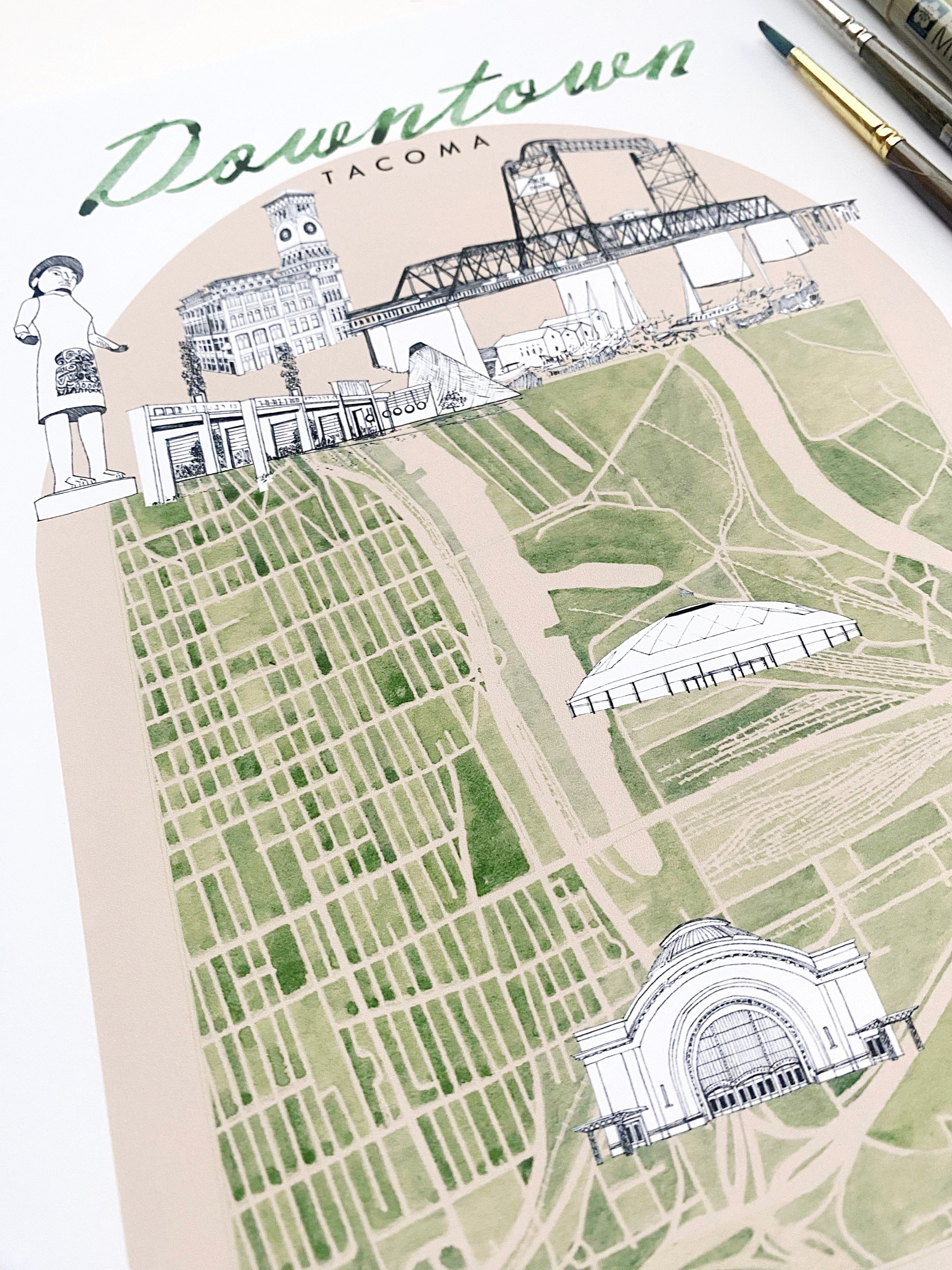 new DOWNTOWN TACOMA Neighborhood "Charms" Watercolor Map: PRINT