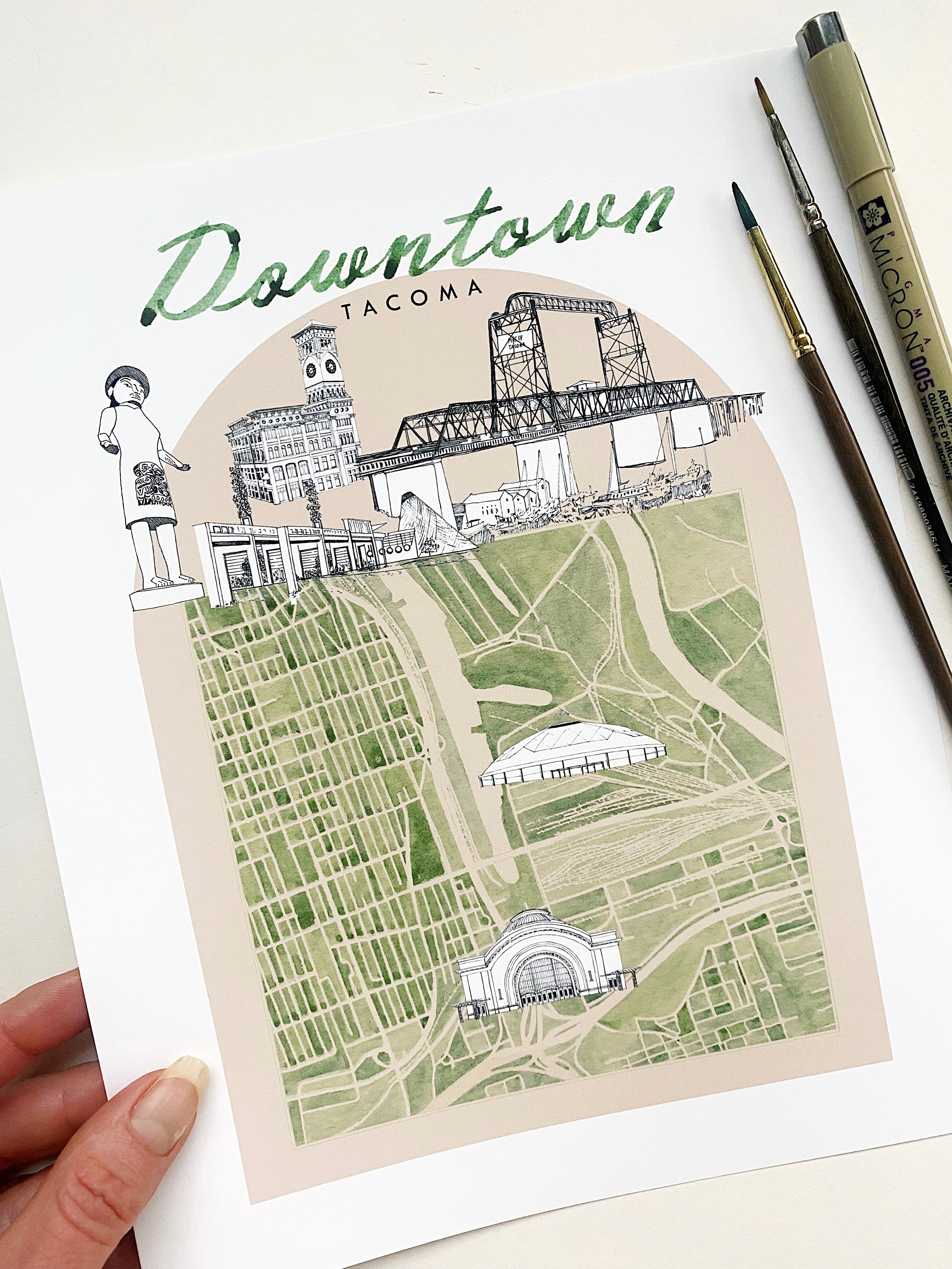 new DOWNTOWN TACOMA Neighborhood "Charms" Watercolor Map: PRINT