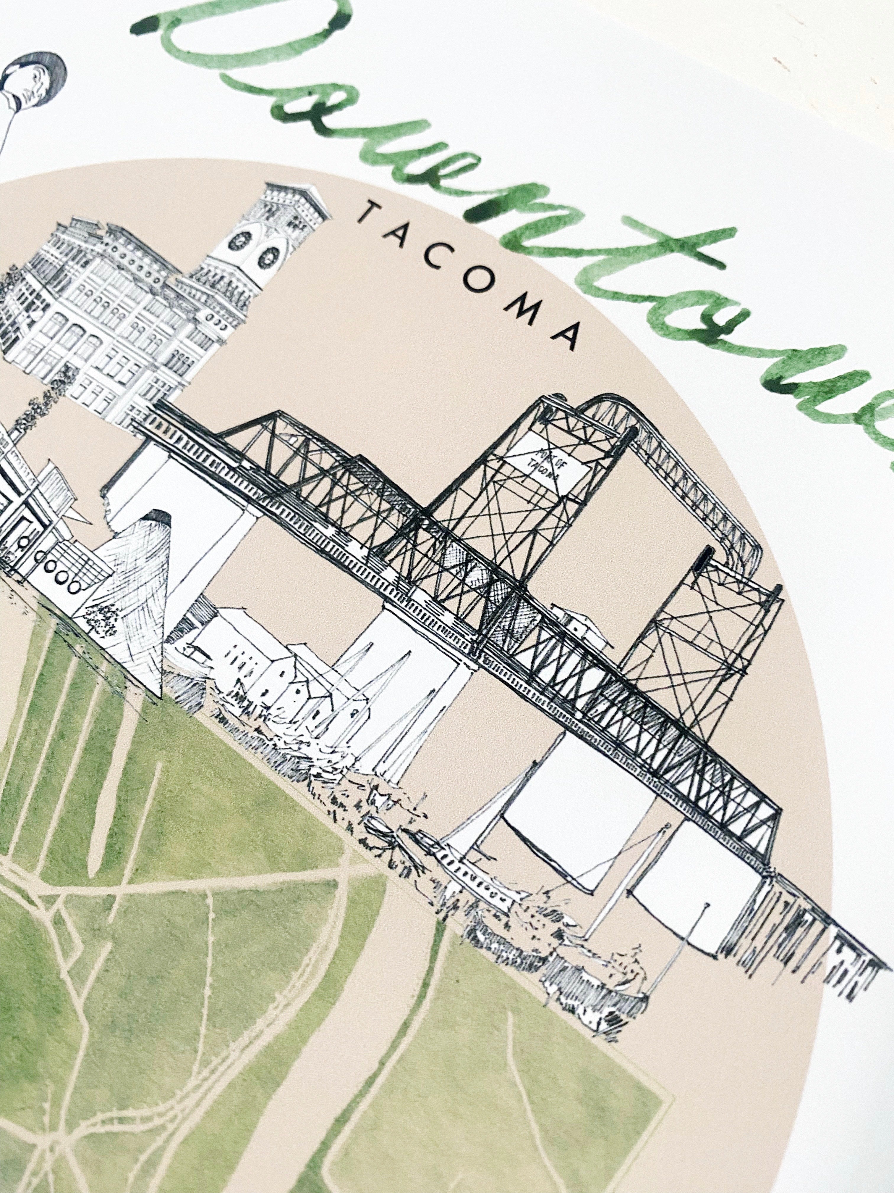 new DOWNTOWN TACOMA Neighborhood "Charms" Watercolor Map: PRINT