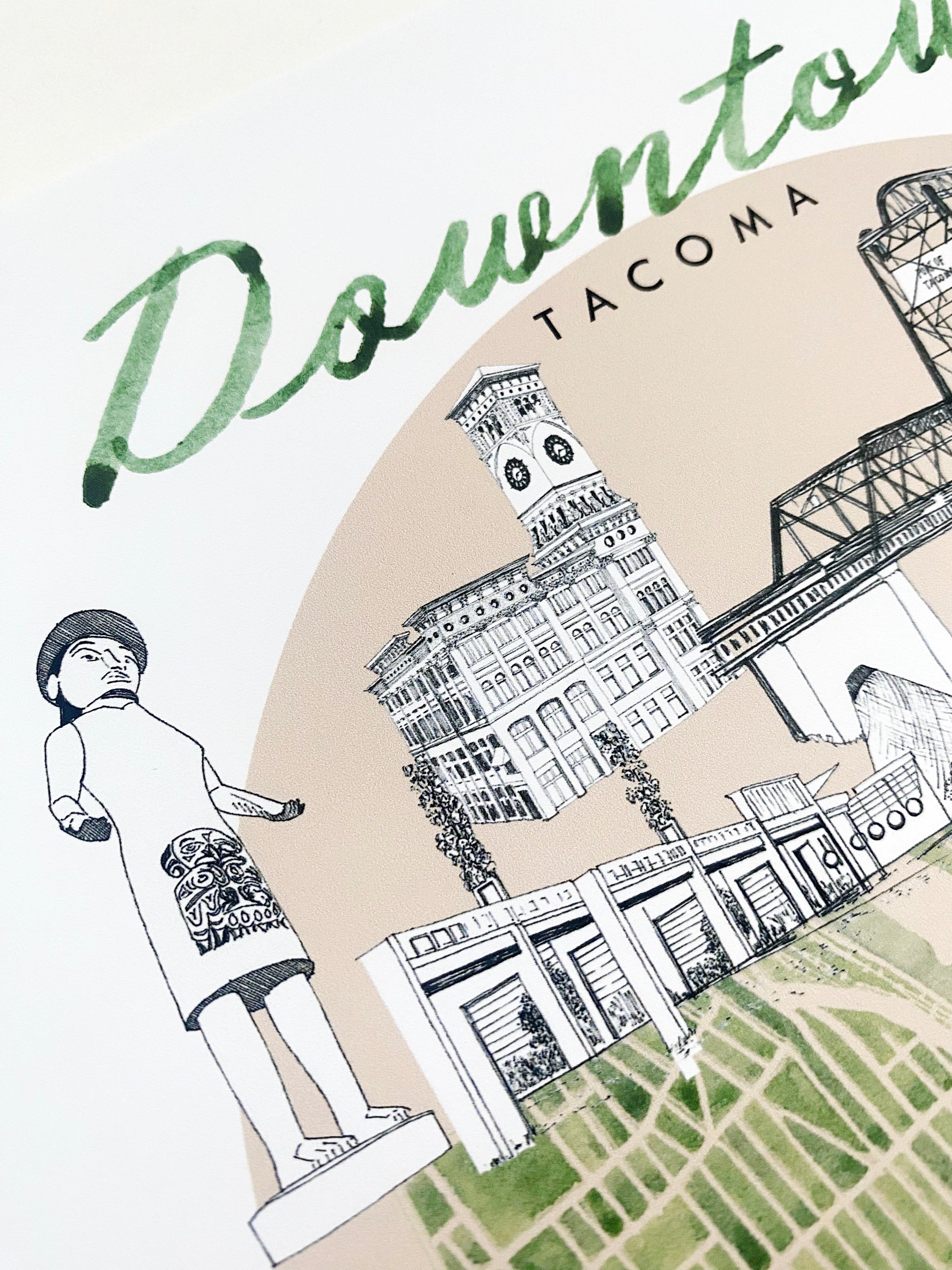 new DOWNTOWN TACOMA Neighborhood "Charms" Watercolor Map: PRINT