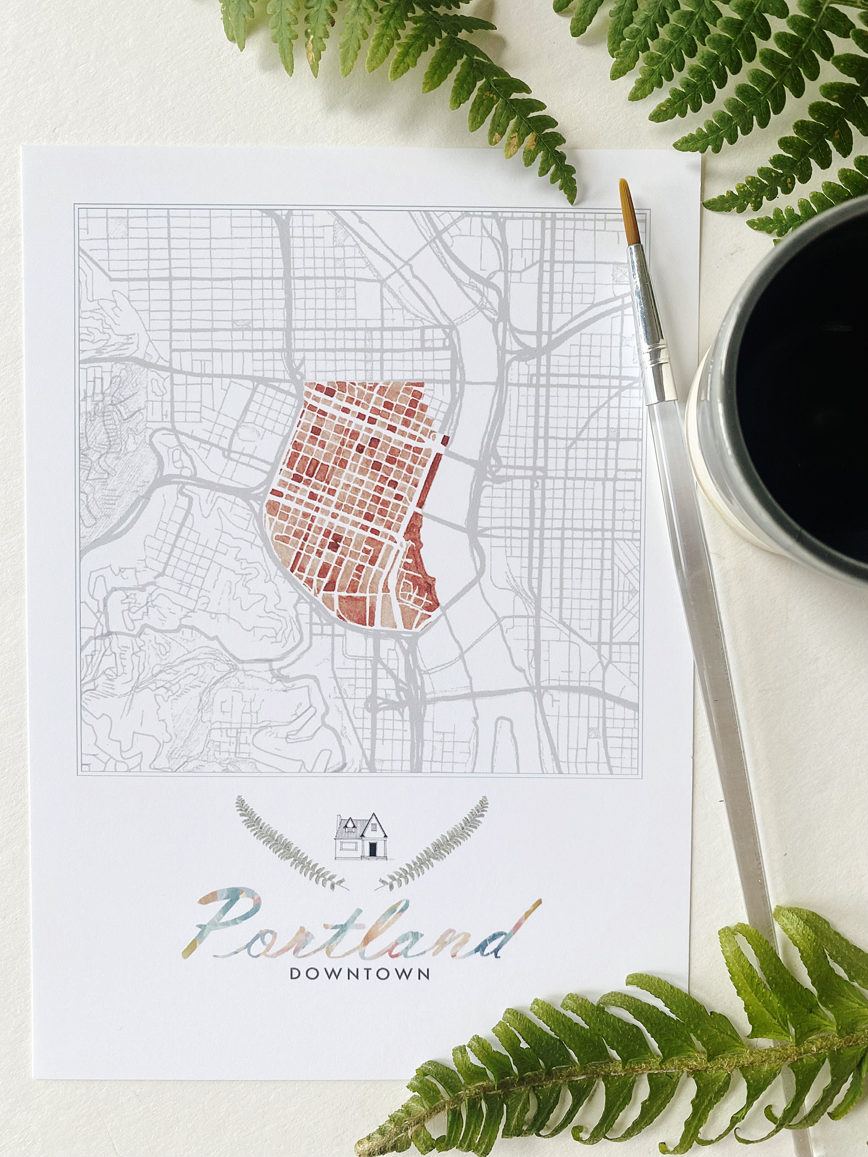 Downtown PORTLAND Neighborhood Watercolor Map: PRINT