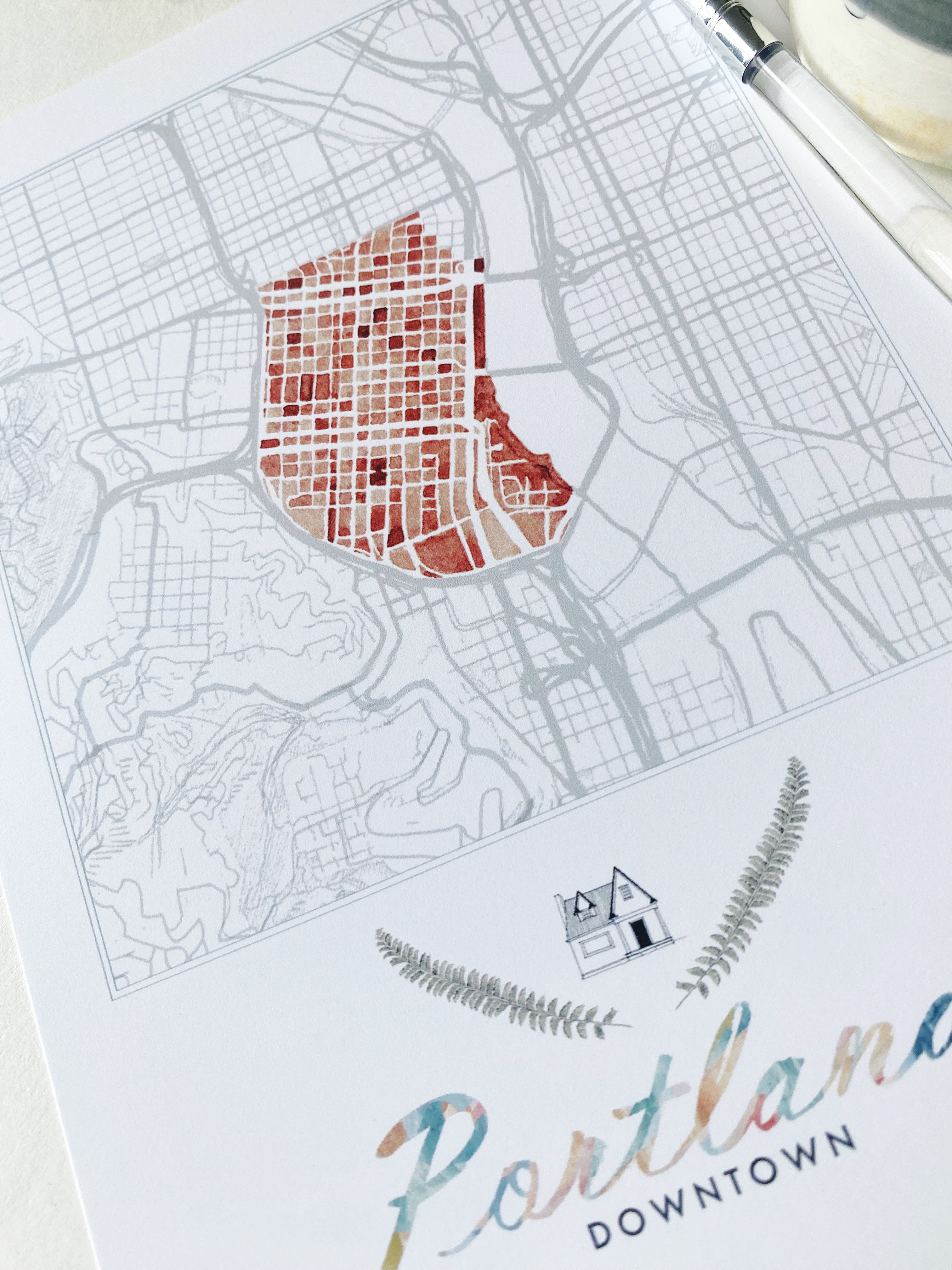 Downtown PORTLAND Neighborhood Watercolor Map: PRINT