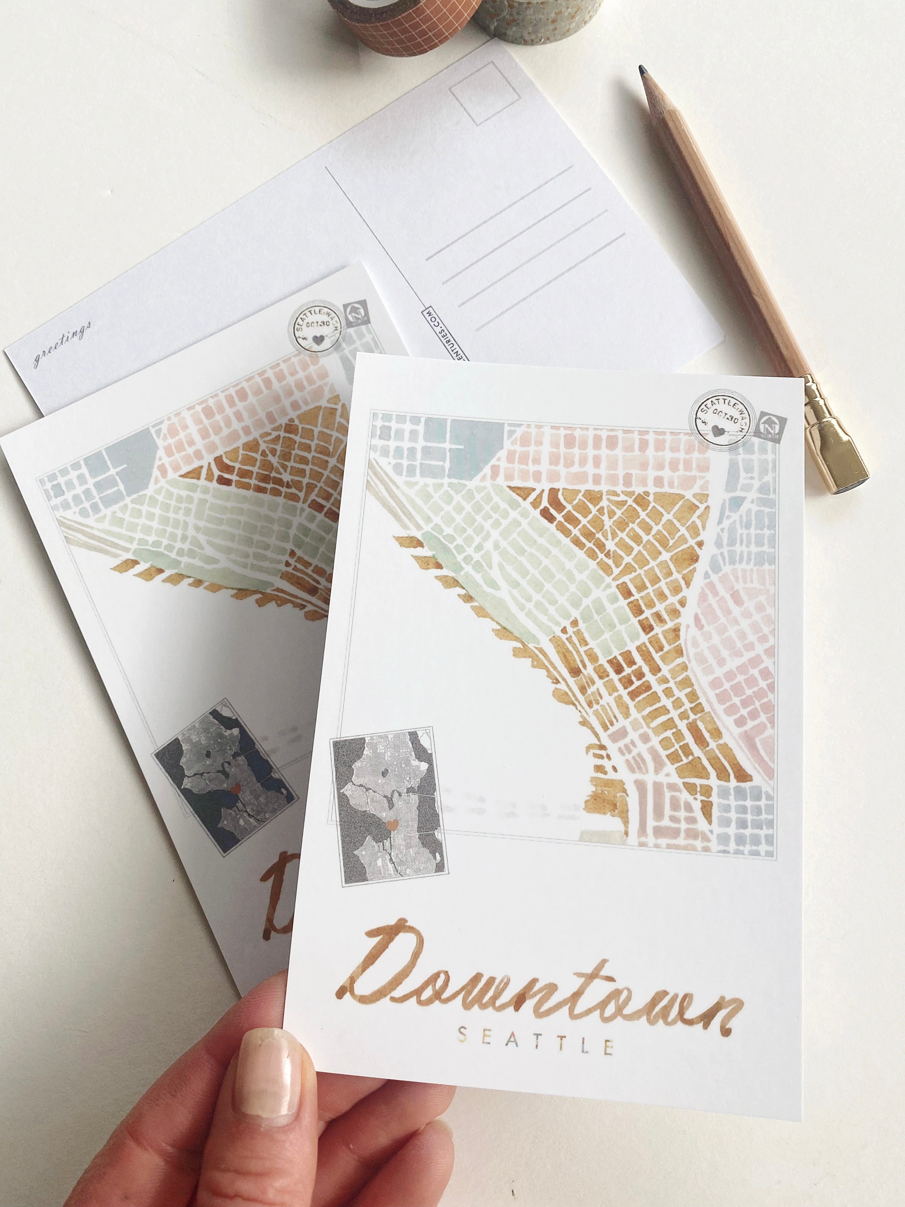 DOWNTOWN Seattle Neighborhood Map Postcard