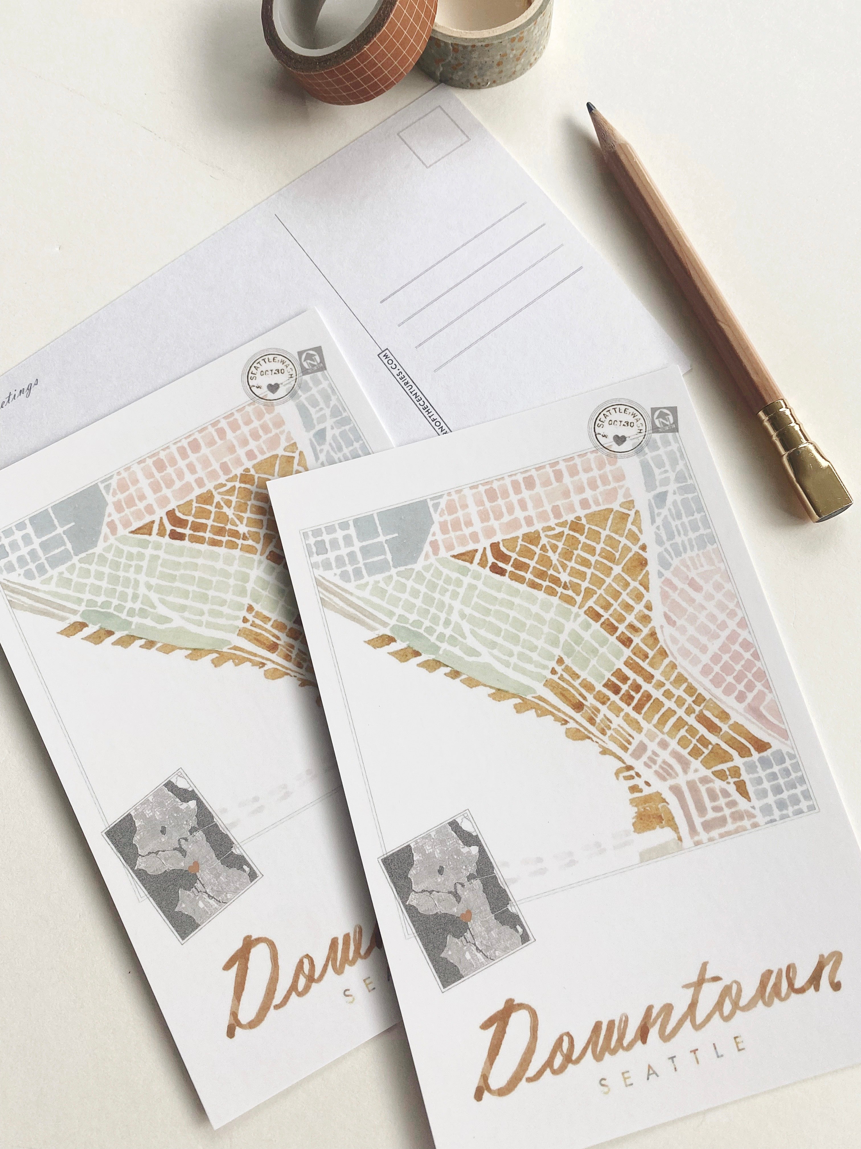 DOWNTOWN Seattle Neighborhood Map Postcard