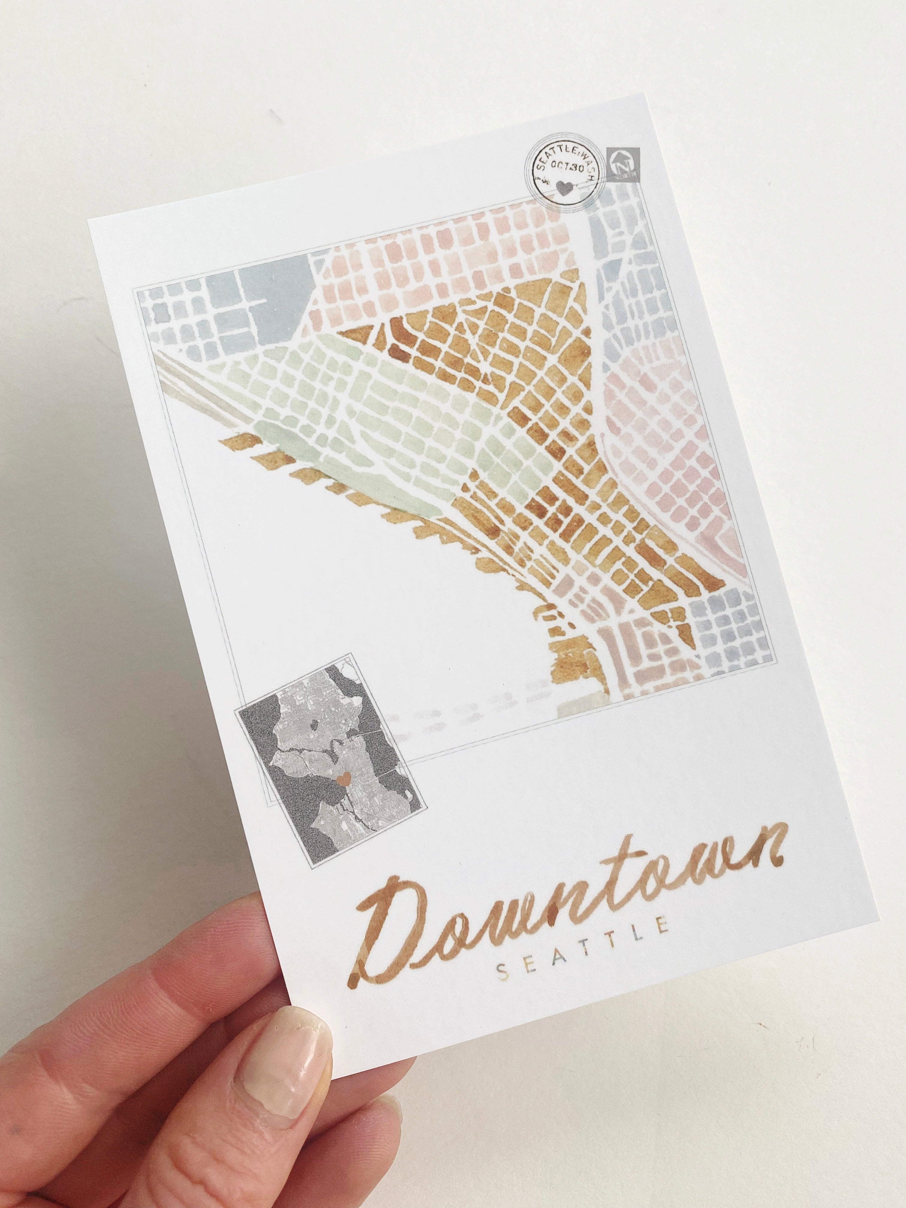 DOWNTOWN Seattle Neighborhood Map Postcard