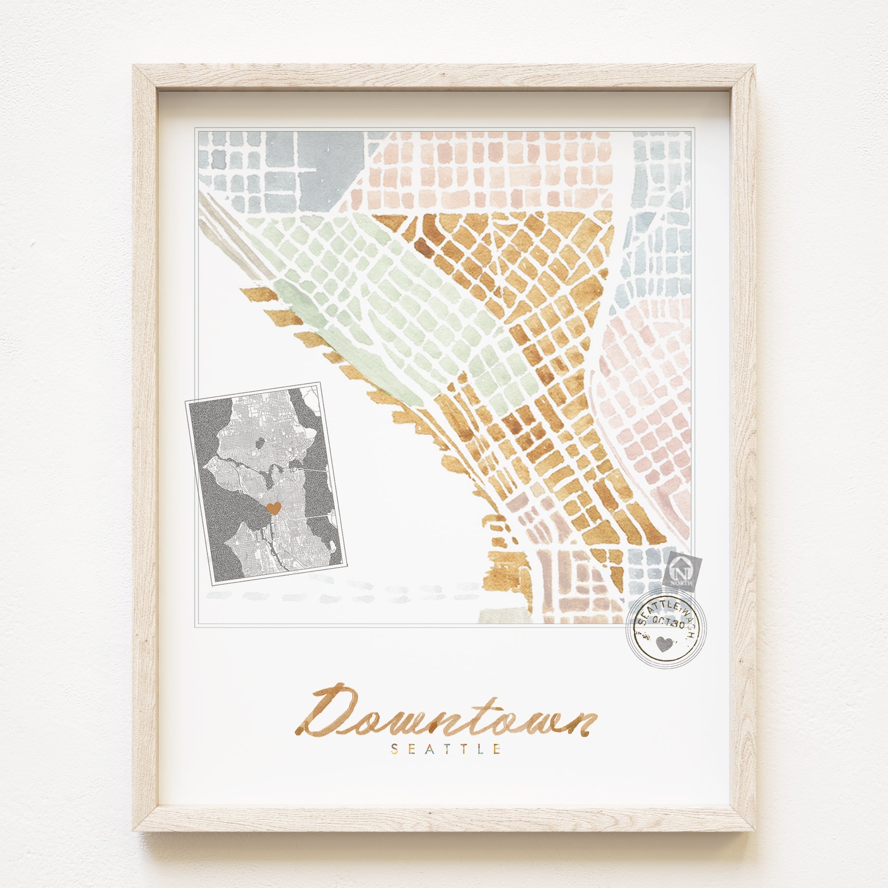 Downtown SEATTLE Neighborhood Watercolor Map: PRINT