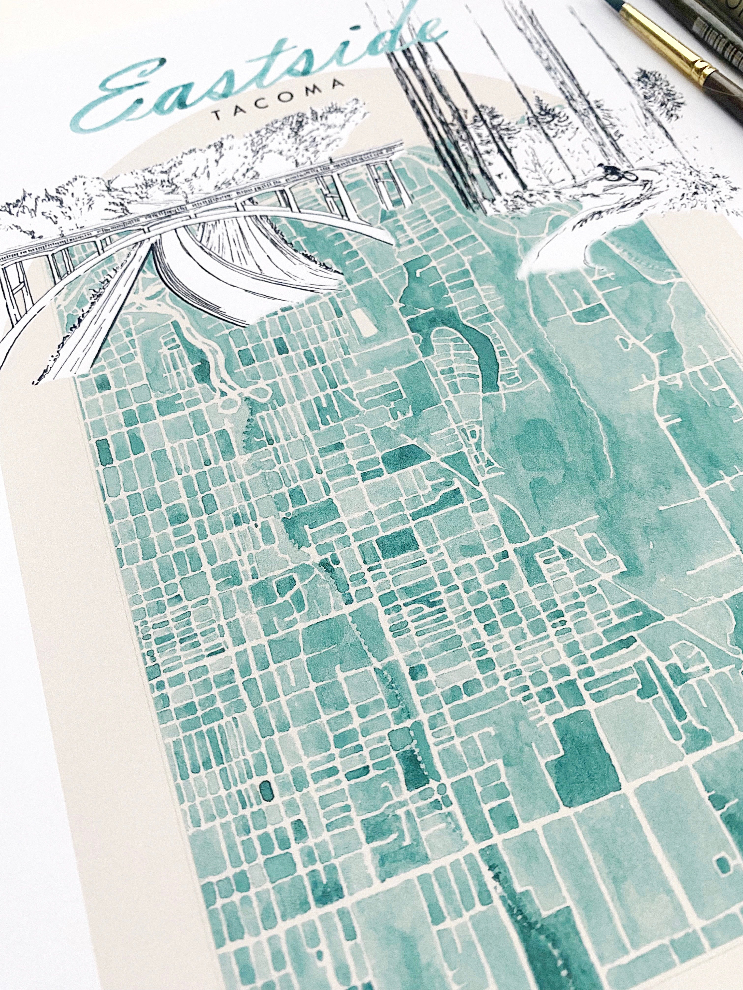 new EAST SIDE TACOMA Neighborhood "Charms" Watercolor Map: PRINT