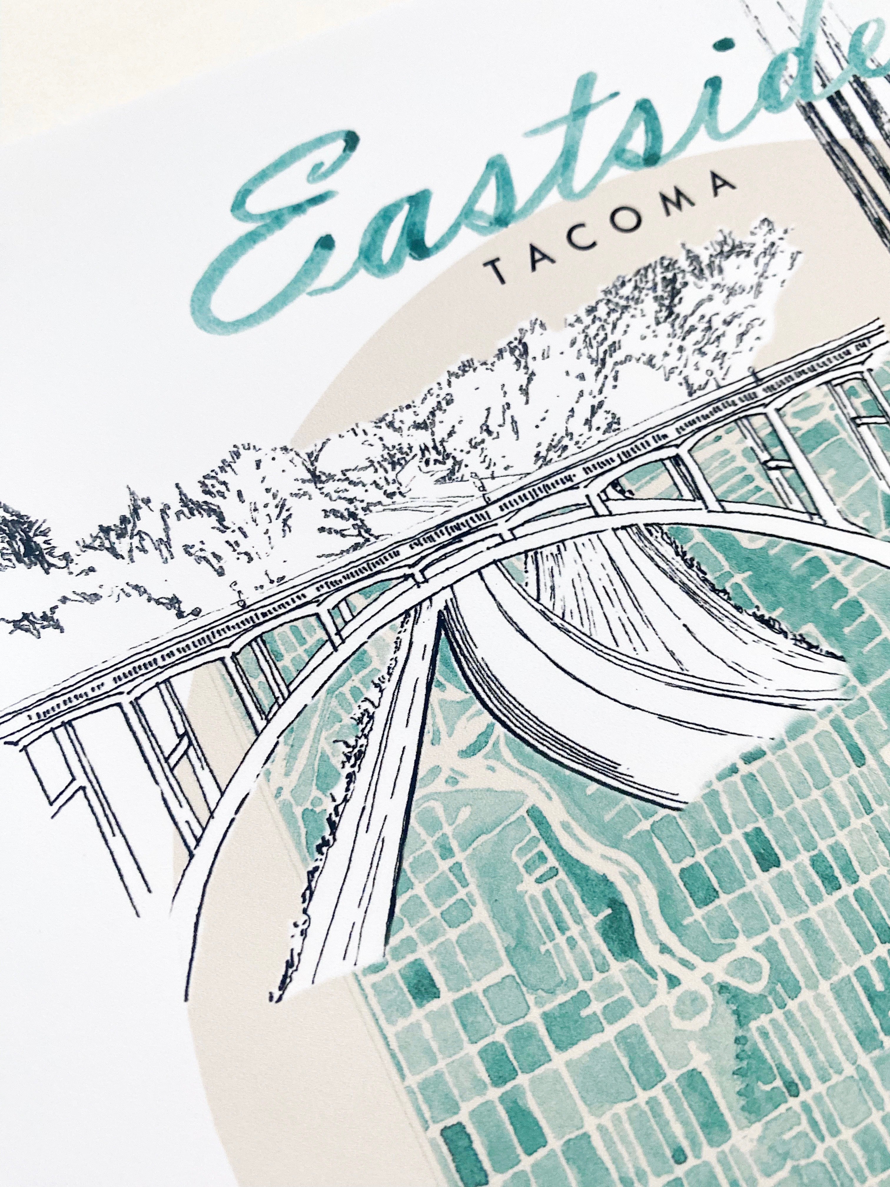 new EAST SIDE TACOMA Neighborhood "Charms" Watercolor Map: PRINT