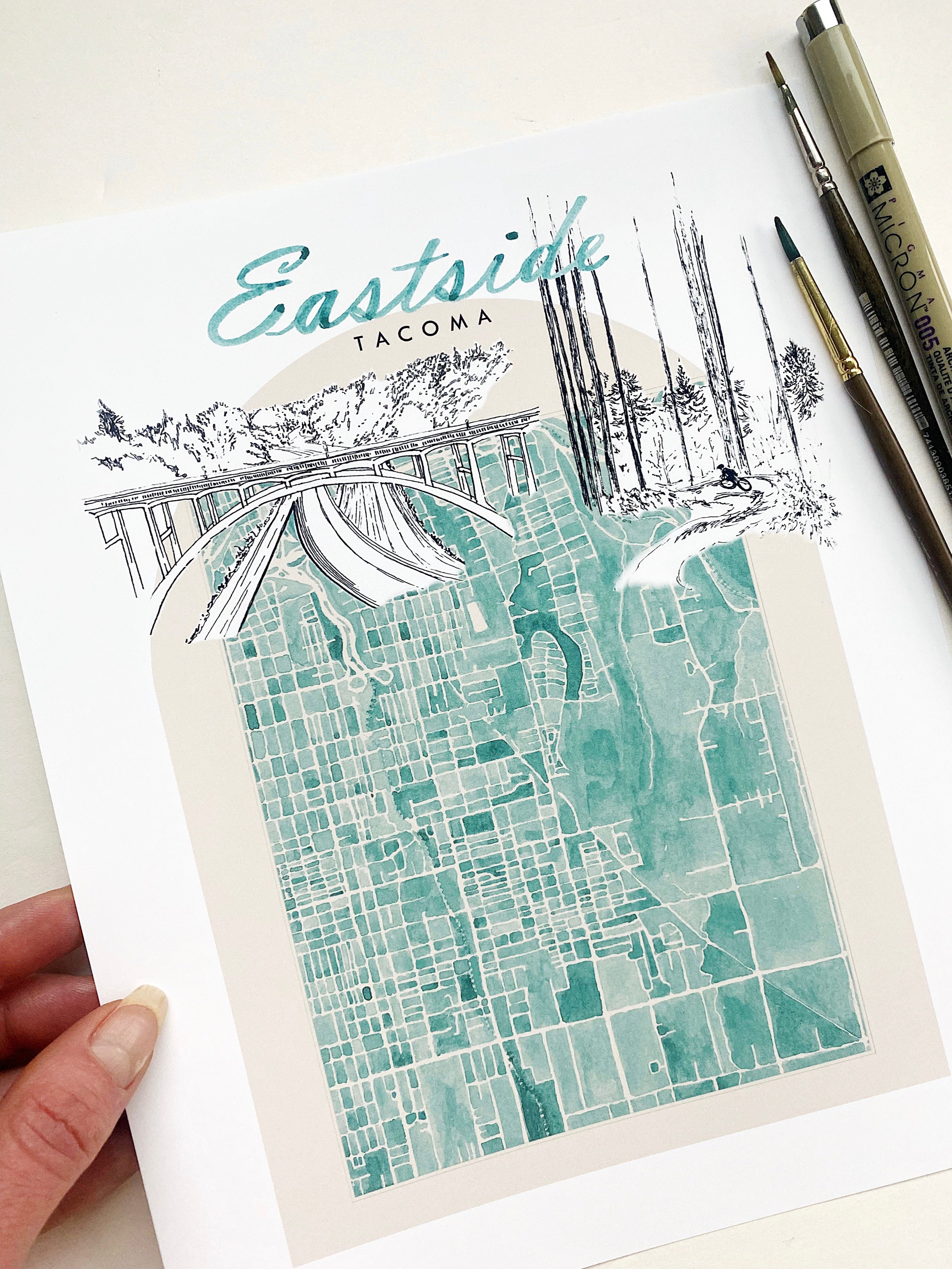 new EAST SIDE TACOMA Neighborhood "Charms" Watercolor Map: PRINT