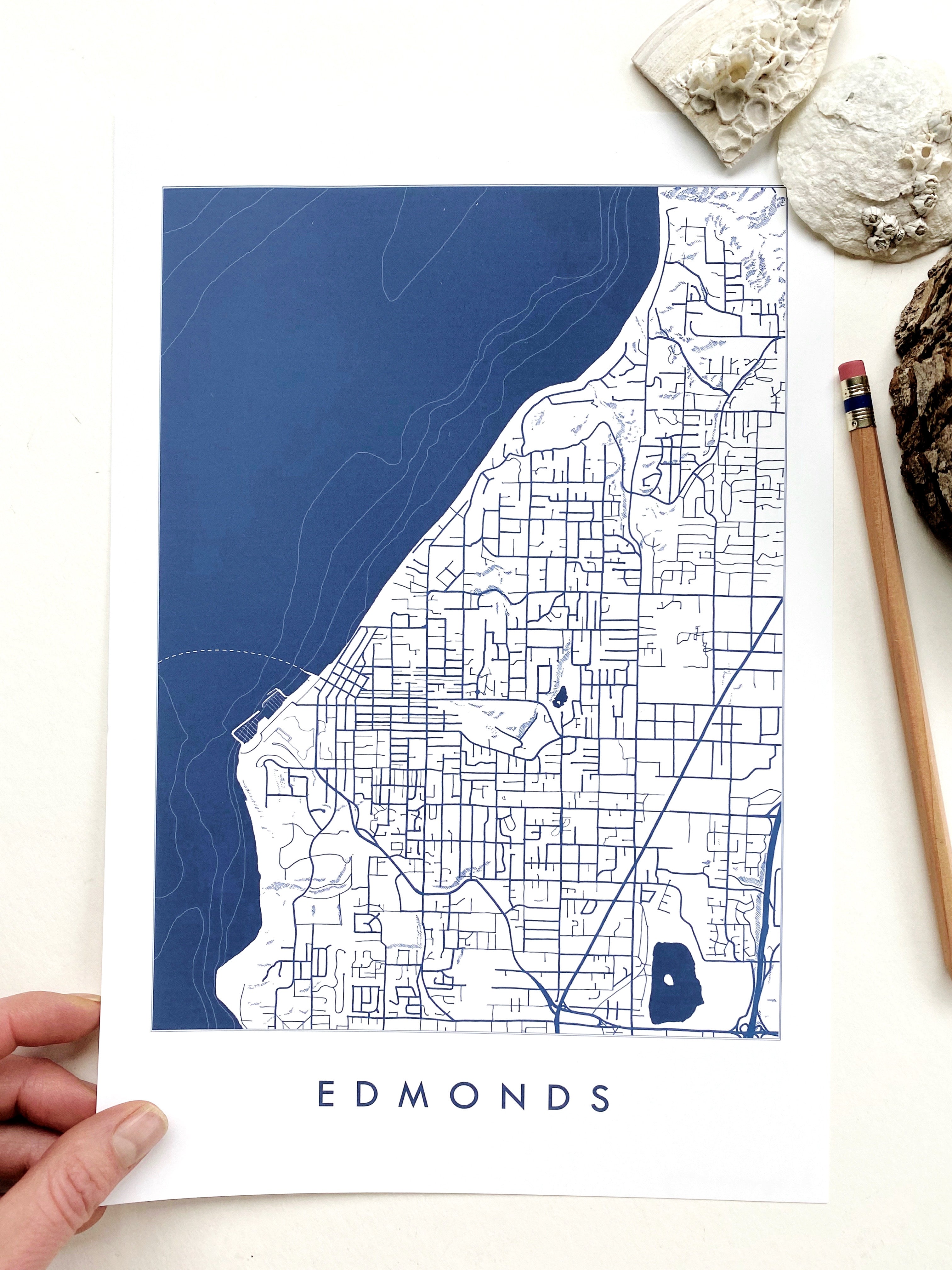 EDMONDS Washington Hand Drawn "Blueprint" Map: PRINT