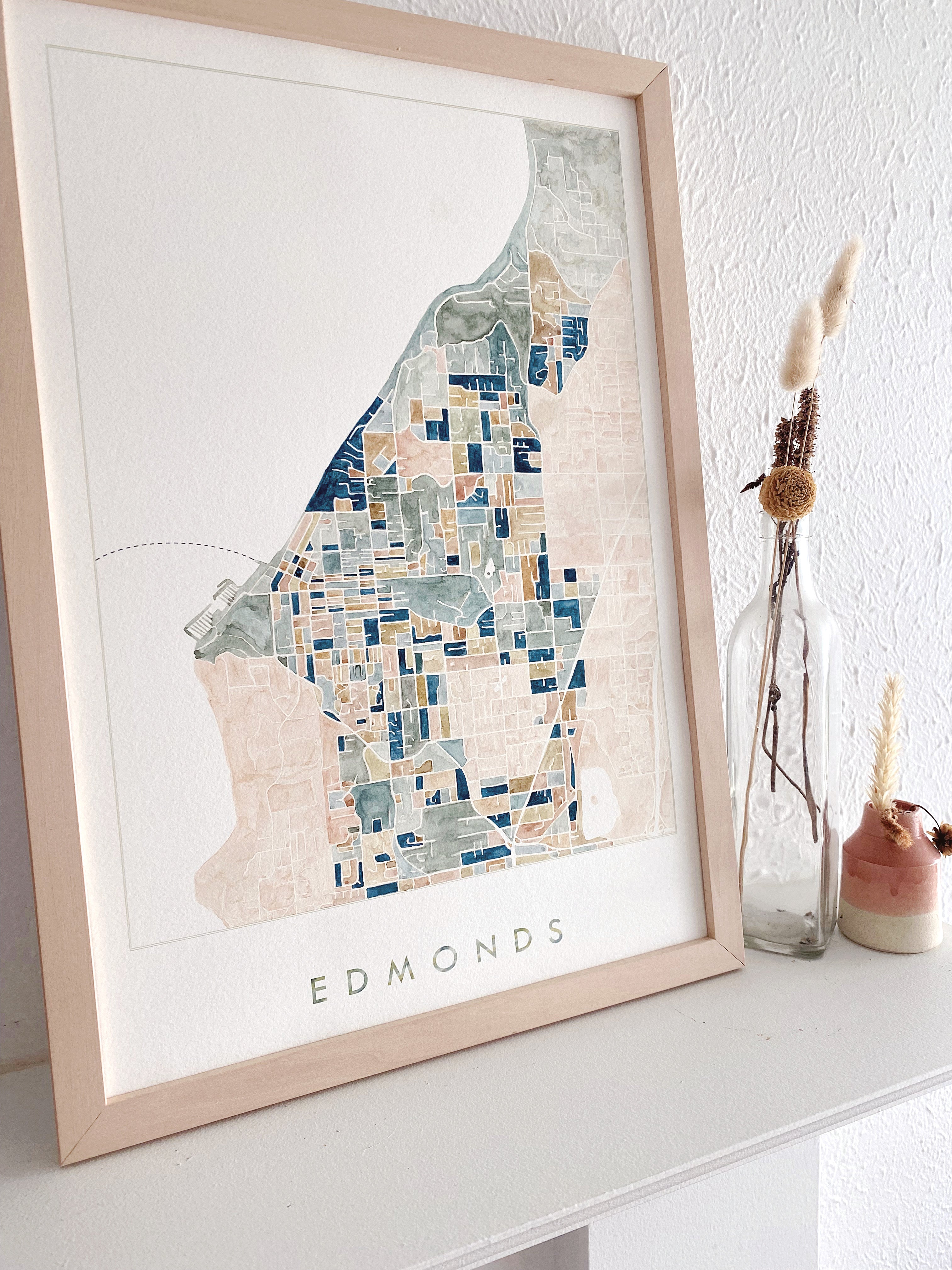 EDMONDS Washington ColorFULL Watercolor City Blocks Map: ORIGINAL PAINTING