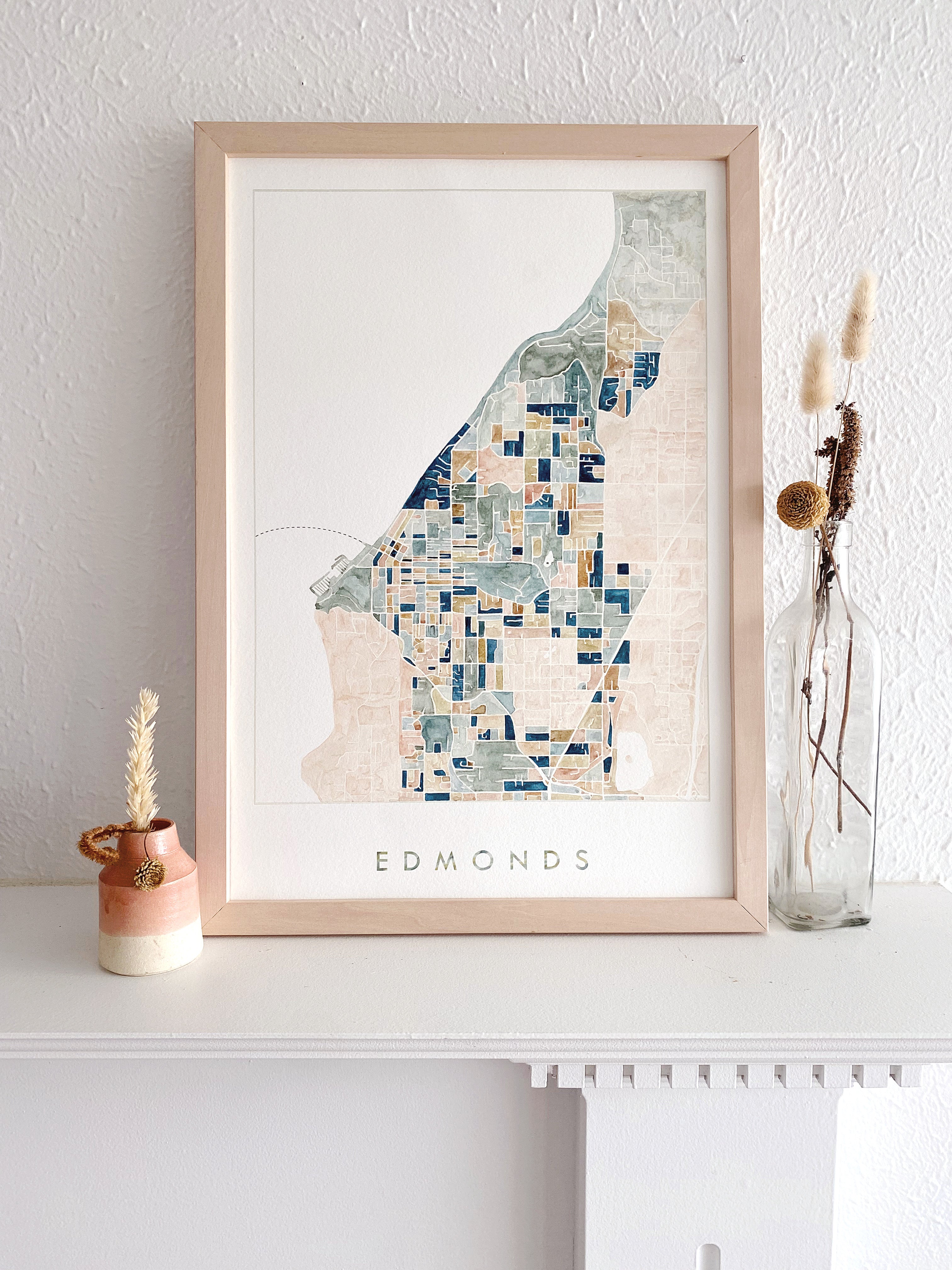 EDMONDS Washington ColorFULL Watercolor City Blocks Map: ORIGINAL PAINTING