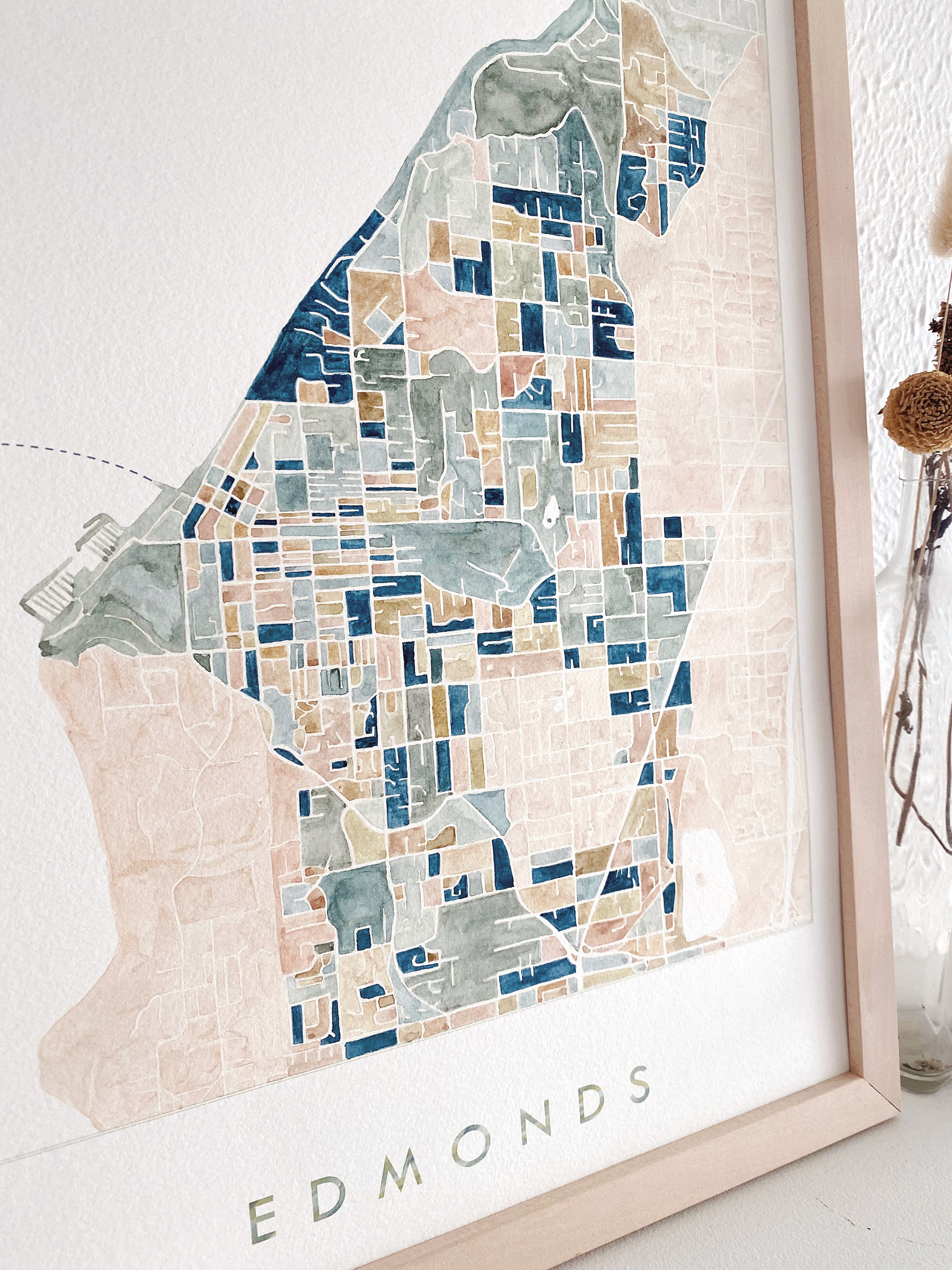 EDMONDS Washington ColorFULL Watercolor City Blocks Map: ORIGINAL PAINTING