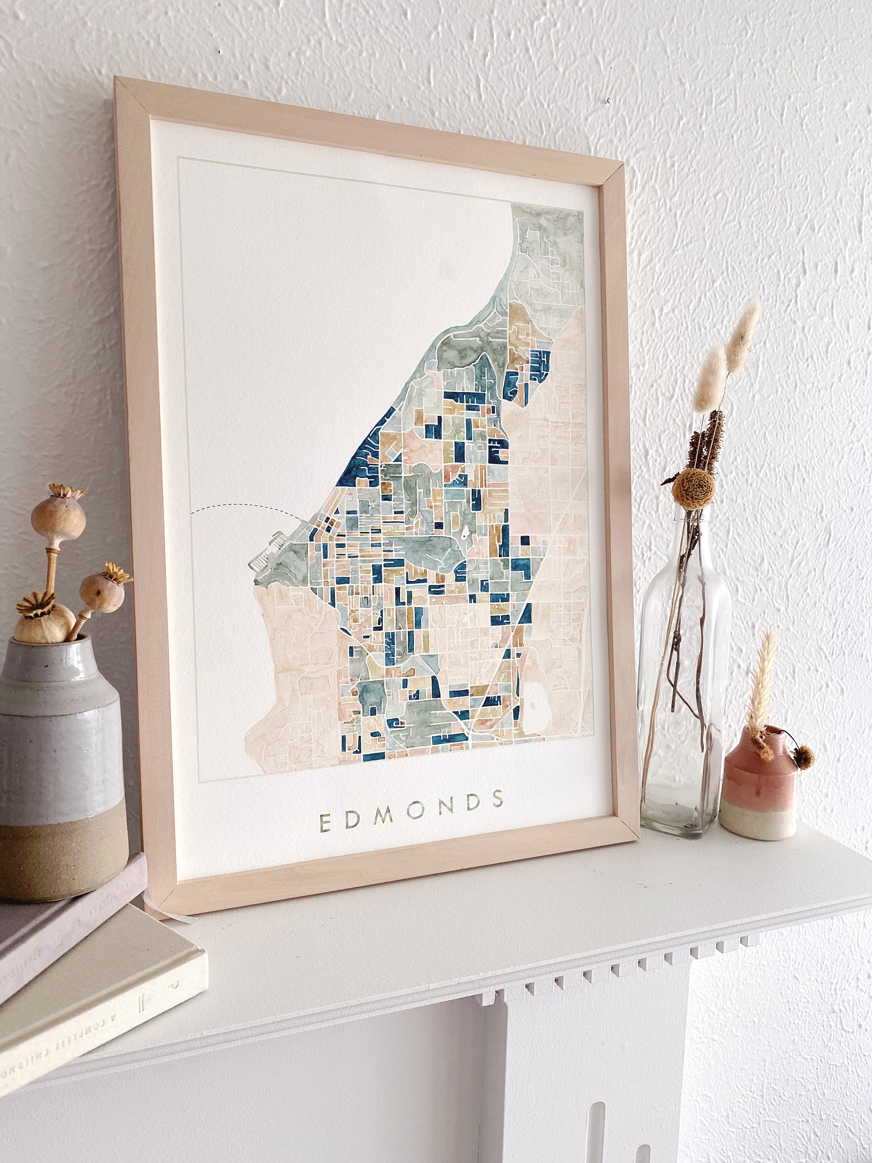 EDMONDS Washington ColorFULL Watercolor City Blocks Map: ORIGINAL PAINTING