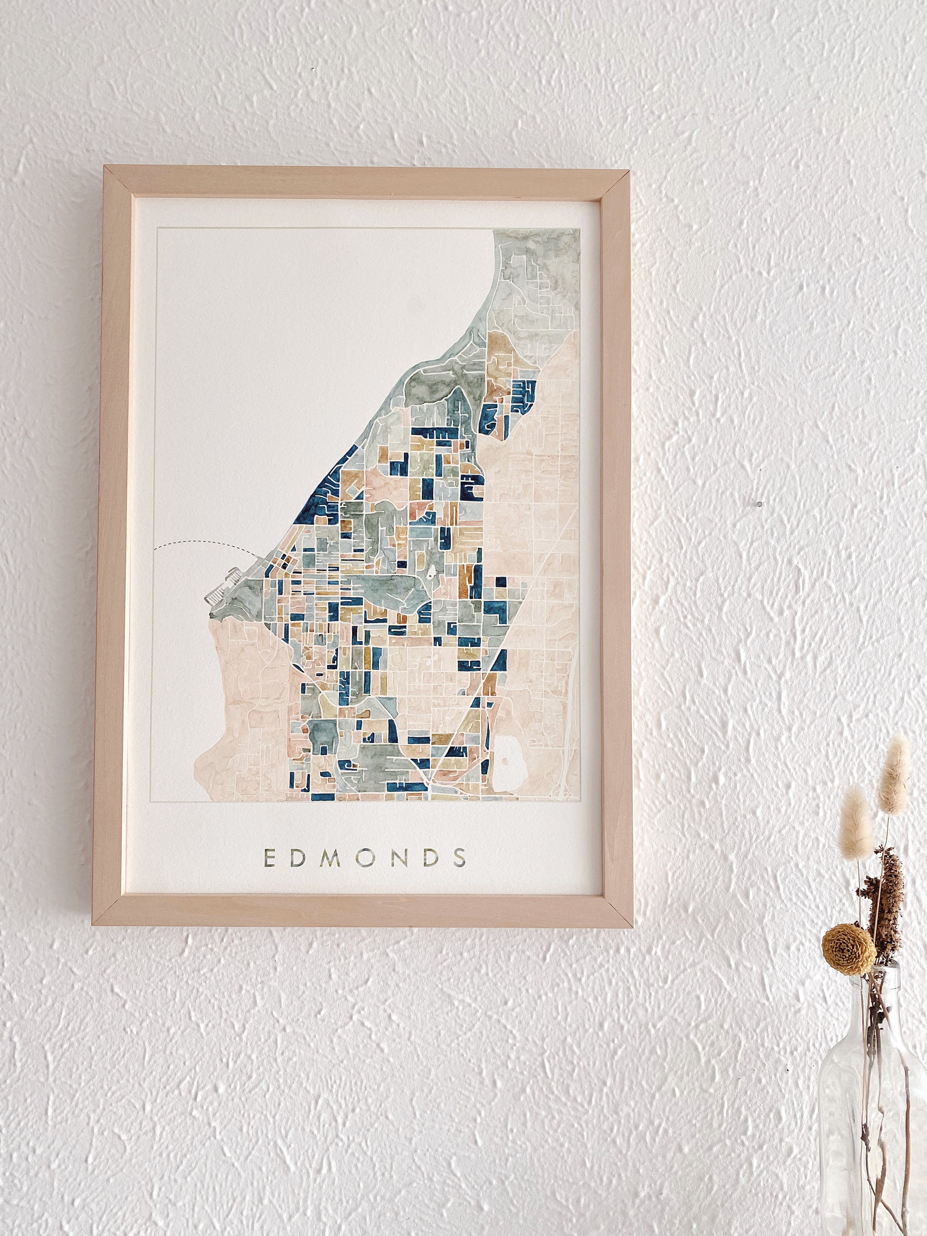 EDMONDS Washington ColorFULL Watercolor City Blocks Map: ORIGINAL PAINTING