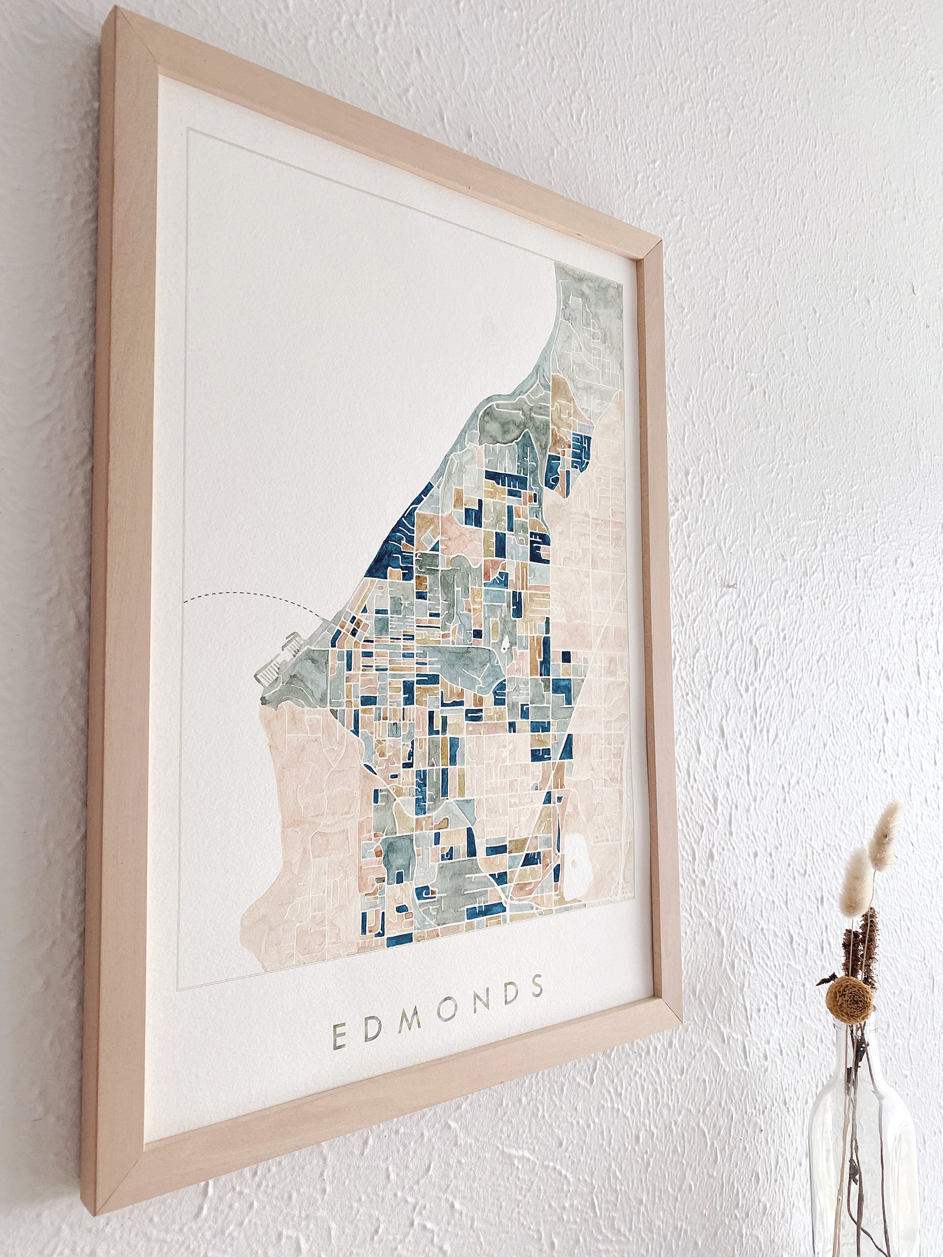 EDMONDS Washington ColorFULL Watercolor City Blocks Map: ORIGINAL PAINTING