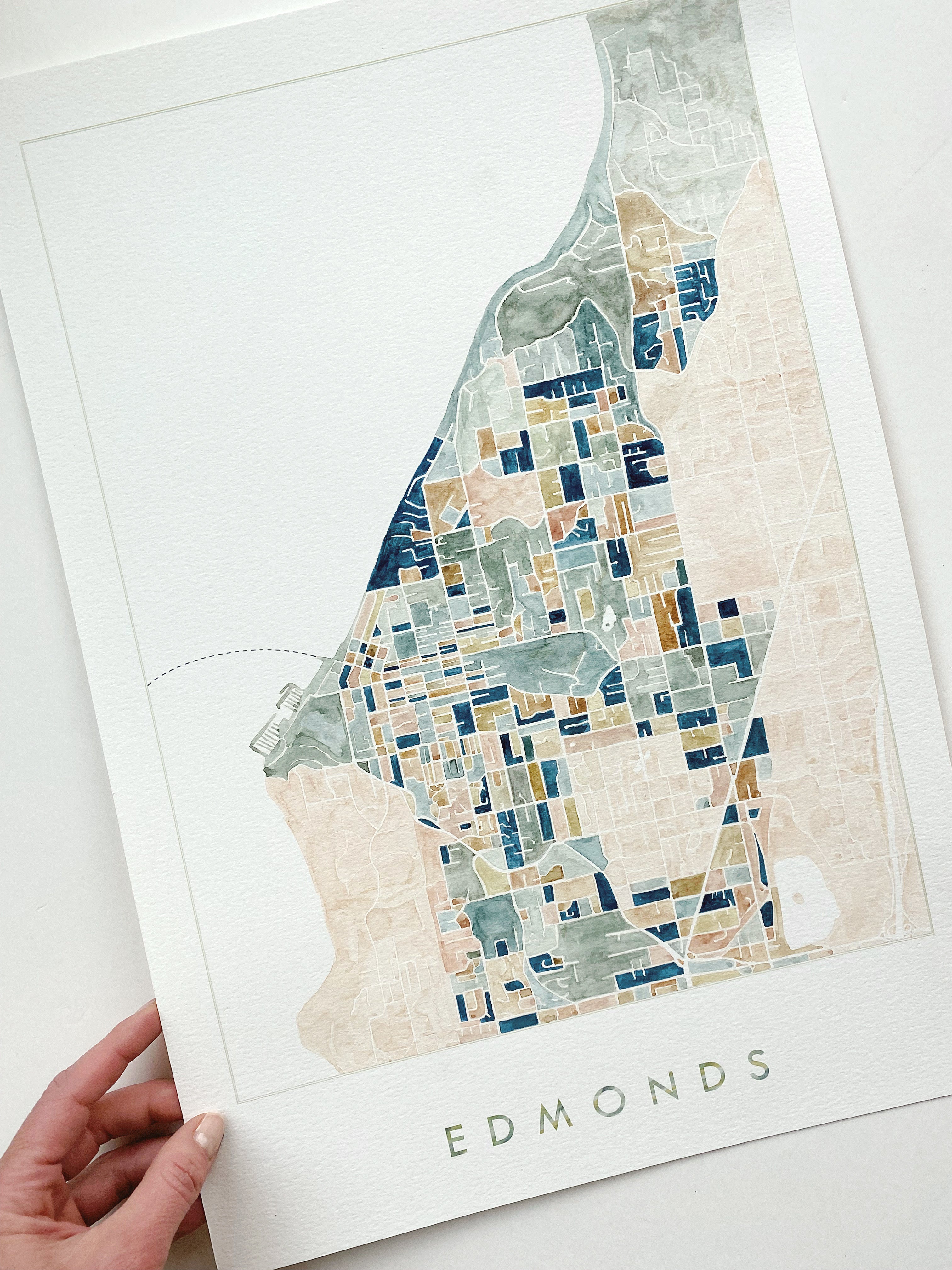 EDMONDS Washington ColorFULL Watercolor City Blocks Map: ORIGINAL PAINTING