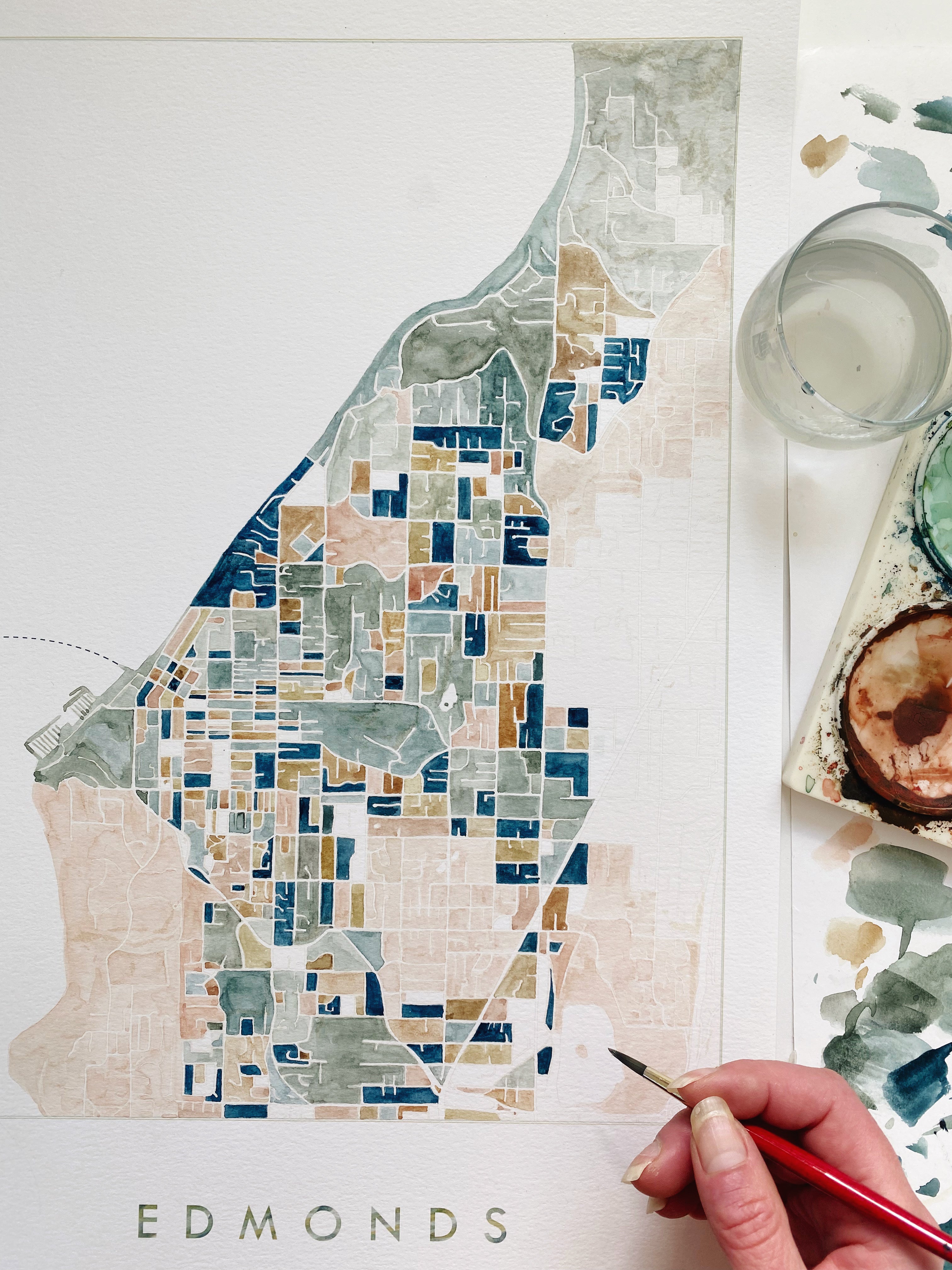 EDMONDS Washington ColorFULL Watercolor City Blocks Map: ORIGINAL PAINTING