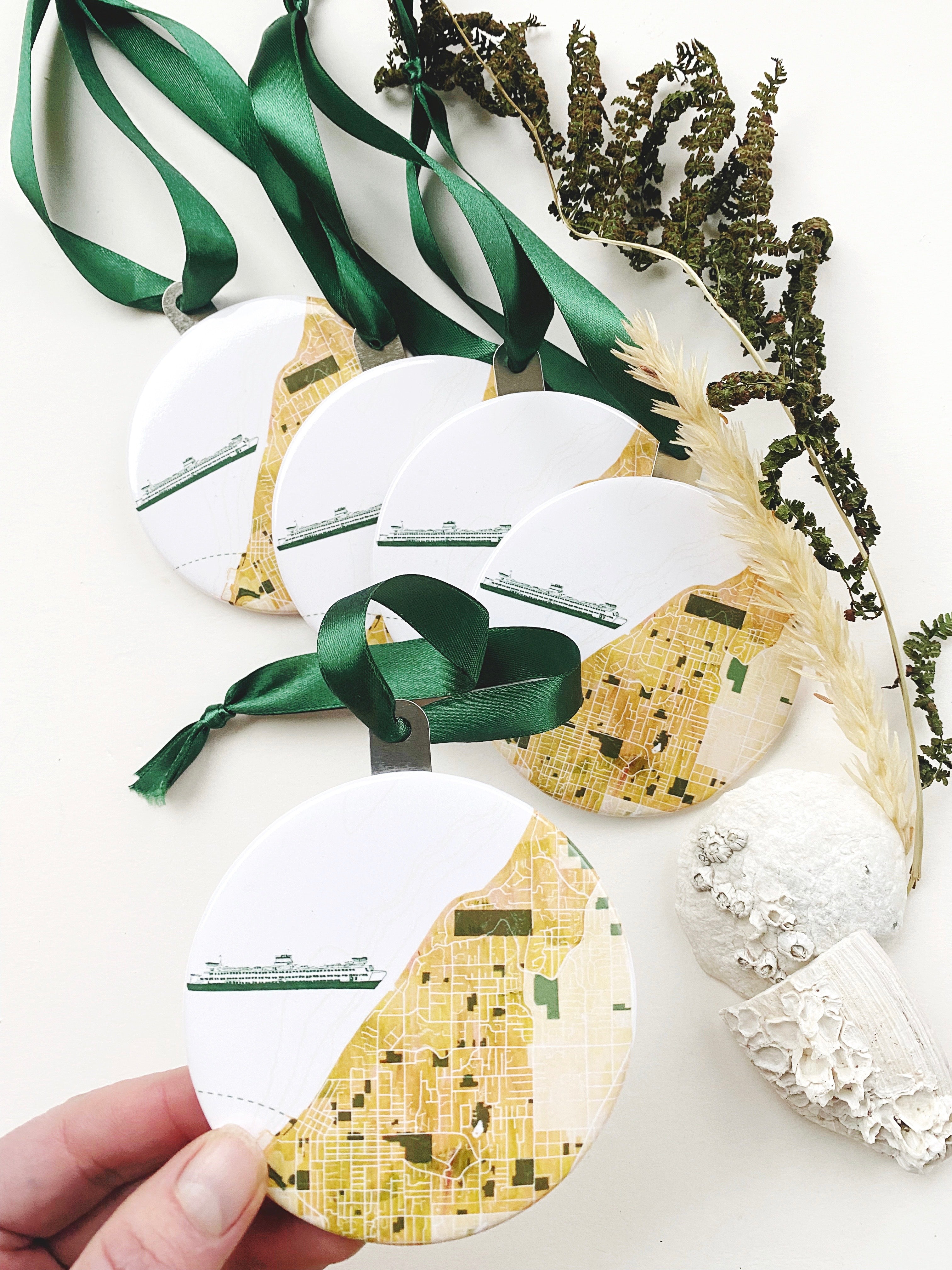 EDMONDS Washington Watercolor Map + Ferry: ORNAMENT