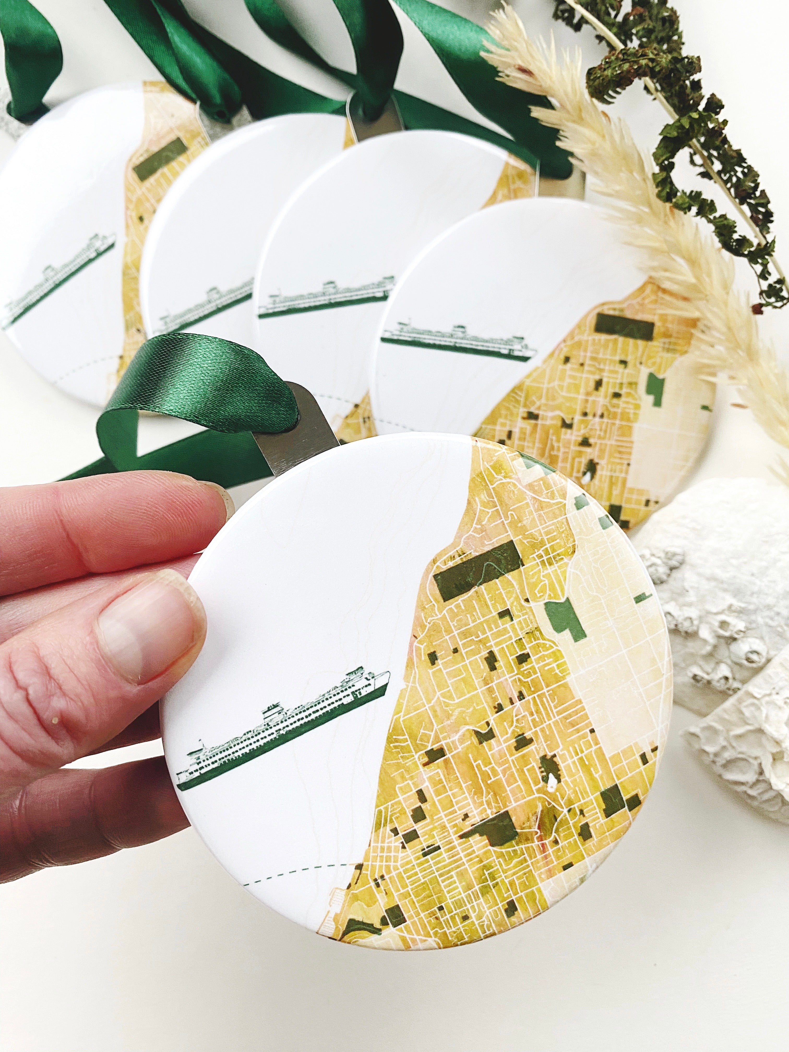 EDMONDS Washington Watercolor Map + Ferry: ORNAMENT