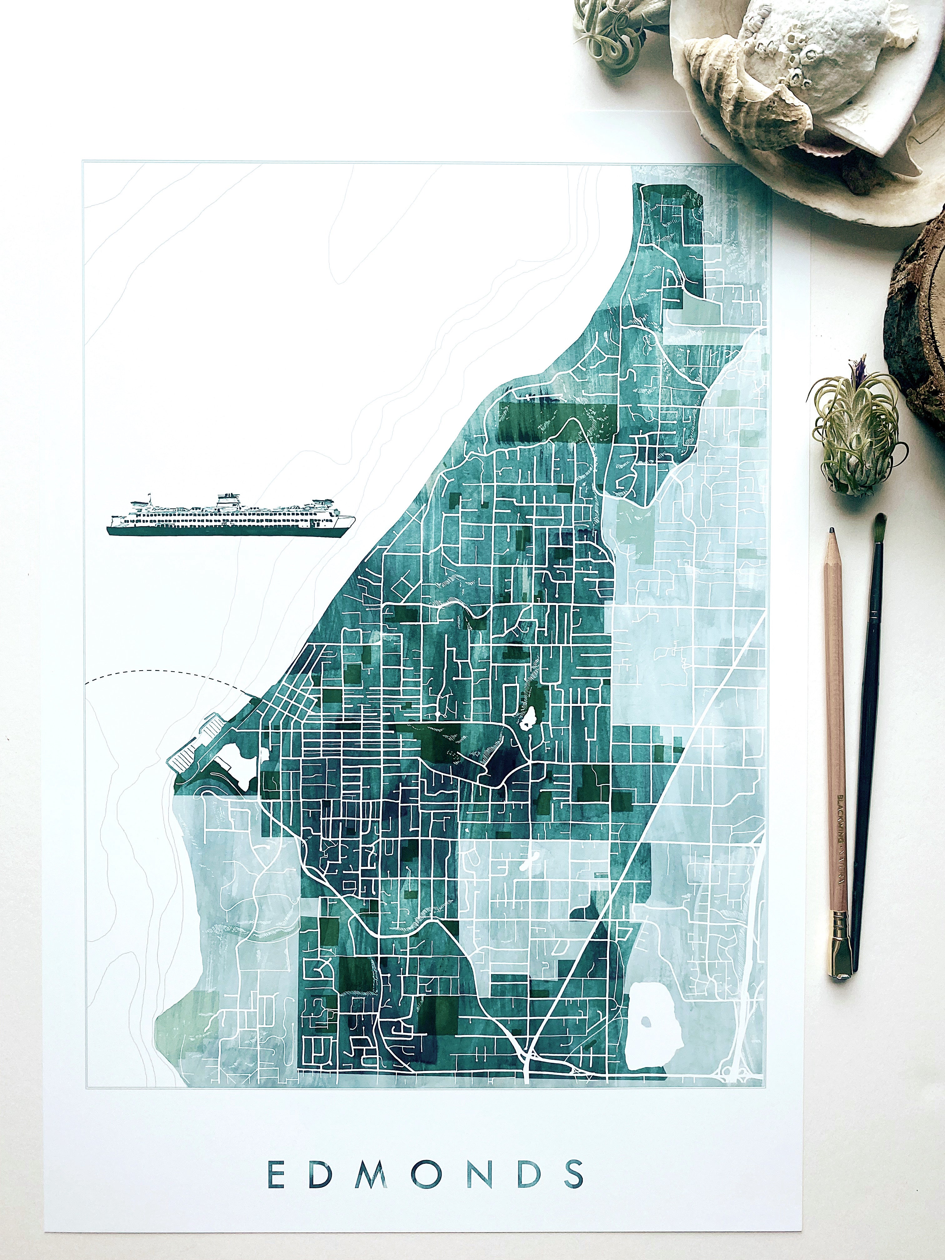 EDMONDS Washington Watercolor Wash Map: PRINT